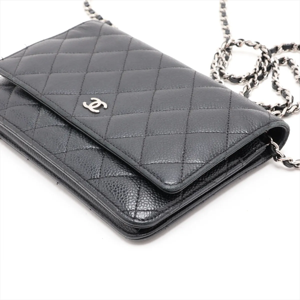 Matelassé Caviar Skin Chain Wallet, Black with Silver Hardware, 25019460 (Serial Number 25) — view 3