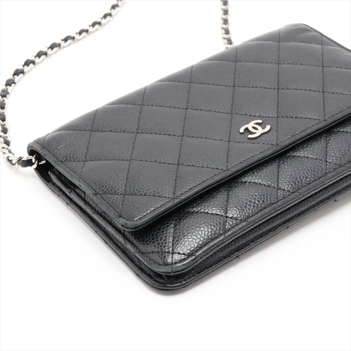 Matelassé Caviar Skin Chain Wallet, Black with Silver Hardware, 25019460 (Serial Number 25) — view 4