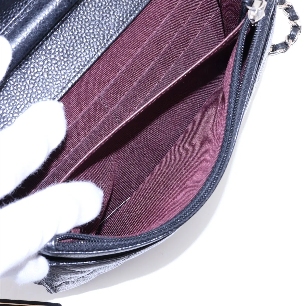 Matelassé Caviar Skin Chain Wallet, Black with Silver Hardware, 25019460 (Serial Number 25) — view 7