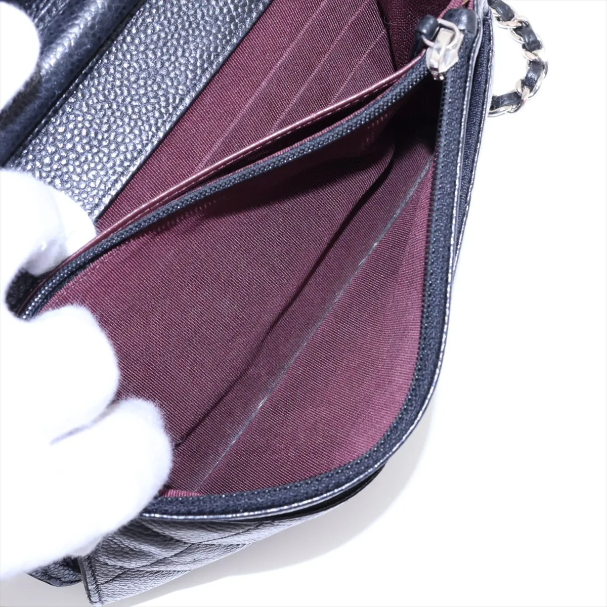 Matelassé Caviar Skin Chain Wallet, Black with Silver Hardware, 25019460 (Serial Number 25) — view 8