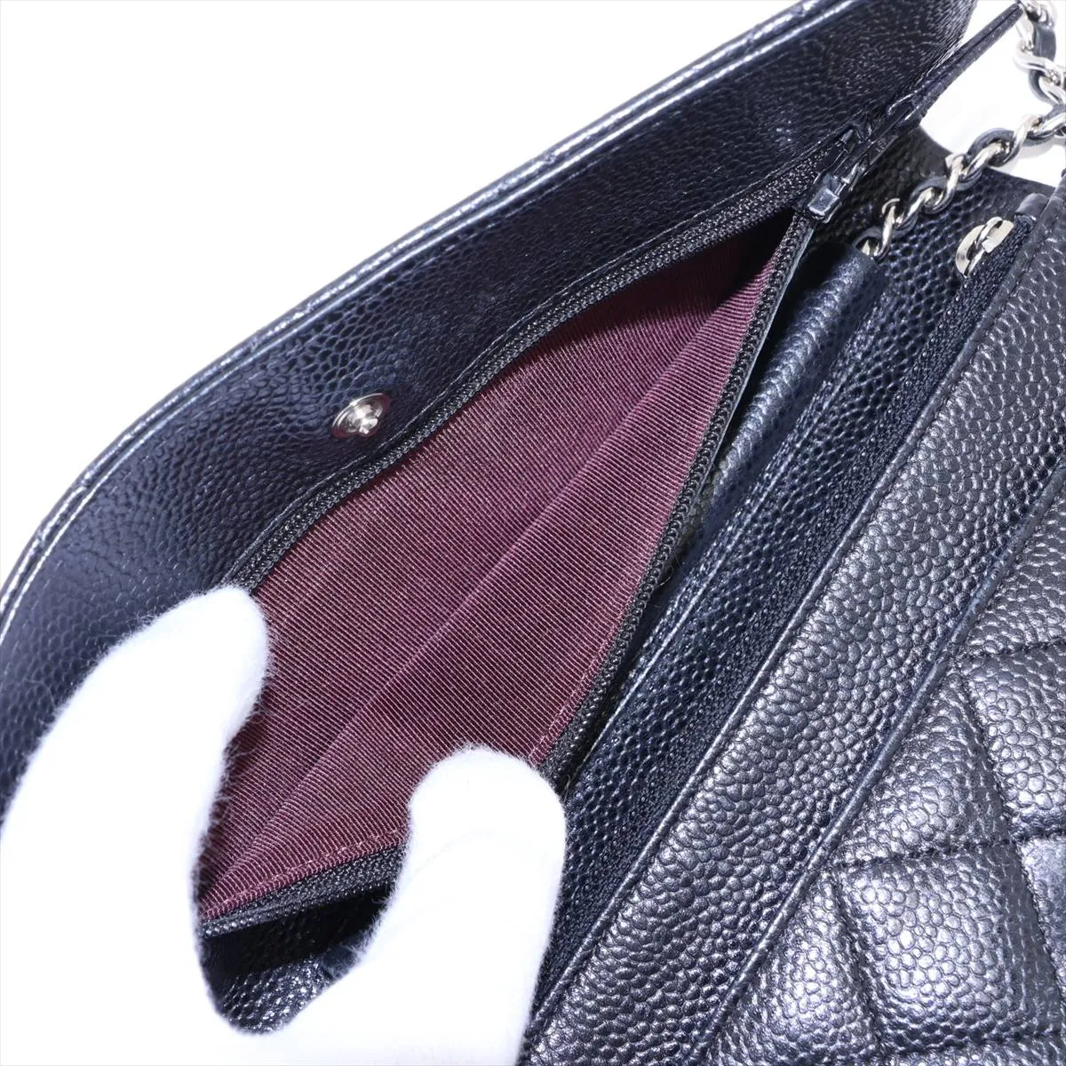 Matelassé Caviar Skin Chain Wallet, Black with Silver Hardware, 25019460 (Serial Number 25) — view 10