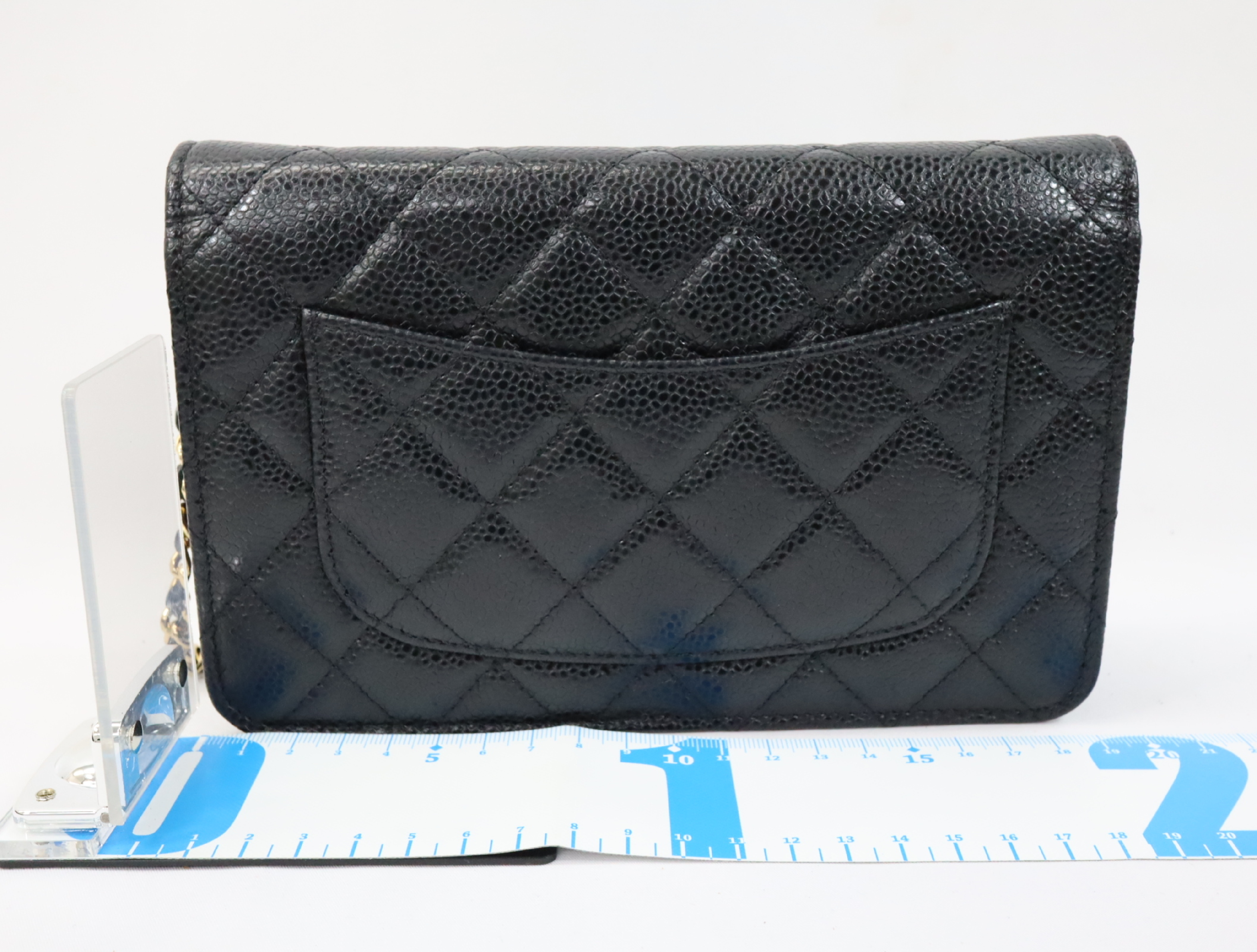 Matelassé Caviar Skin Chain Wallet, Black with Gold Hardware, Serial Number Plate, AP0250, Shoulder Bag — view 2