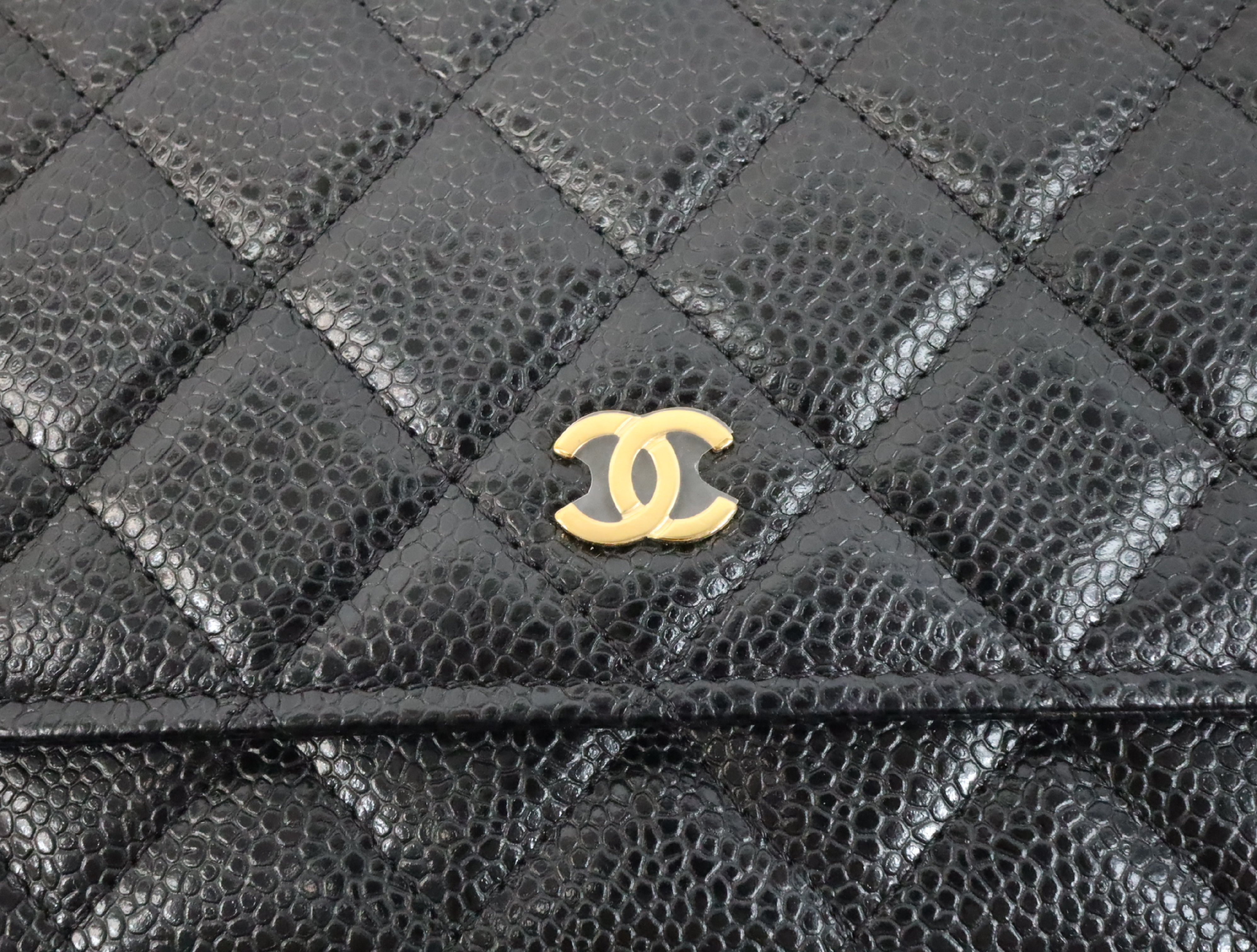 Matelassé Caviar Skin Chain Wallet, Black with Gold Hardware, Serial Number Plate, AP0250, Shoulder Bag — view 11