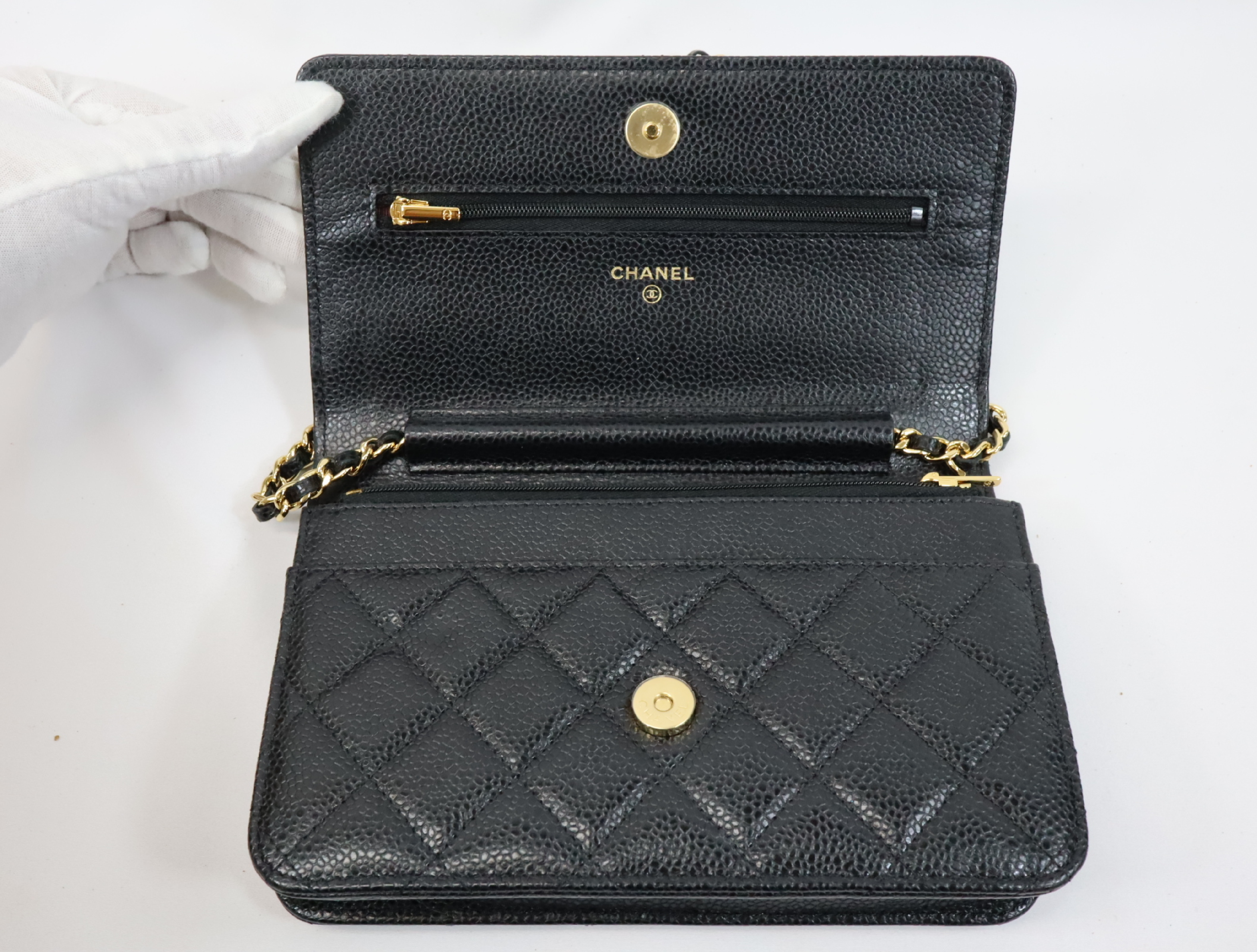 Matelassé Caviar Skin Chain Wallet, Black with Gold Hardware, Serial Number Plate, AP0250, Shoulder Bag — view 12