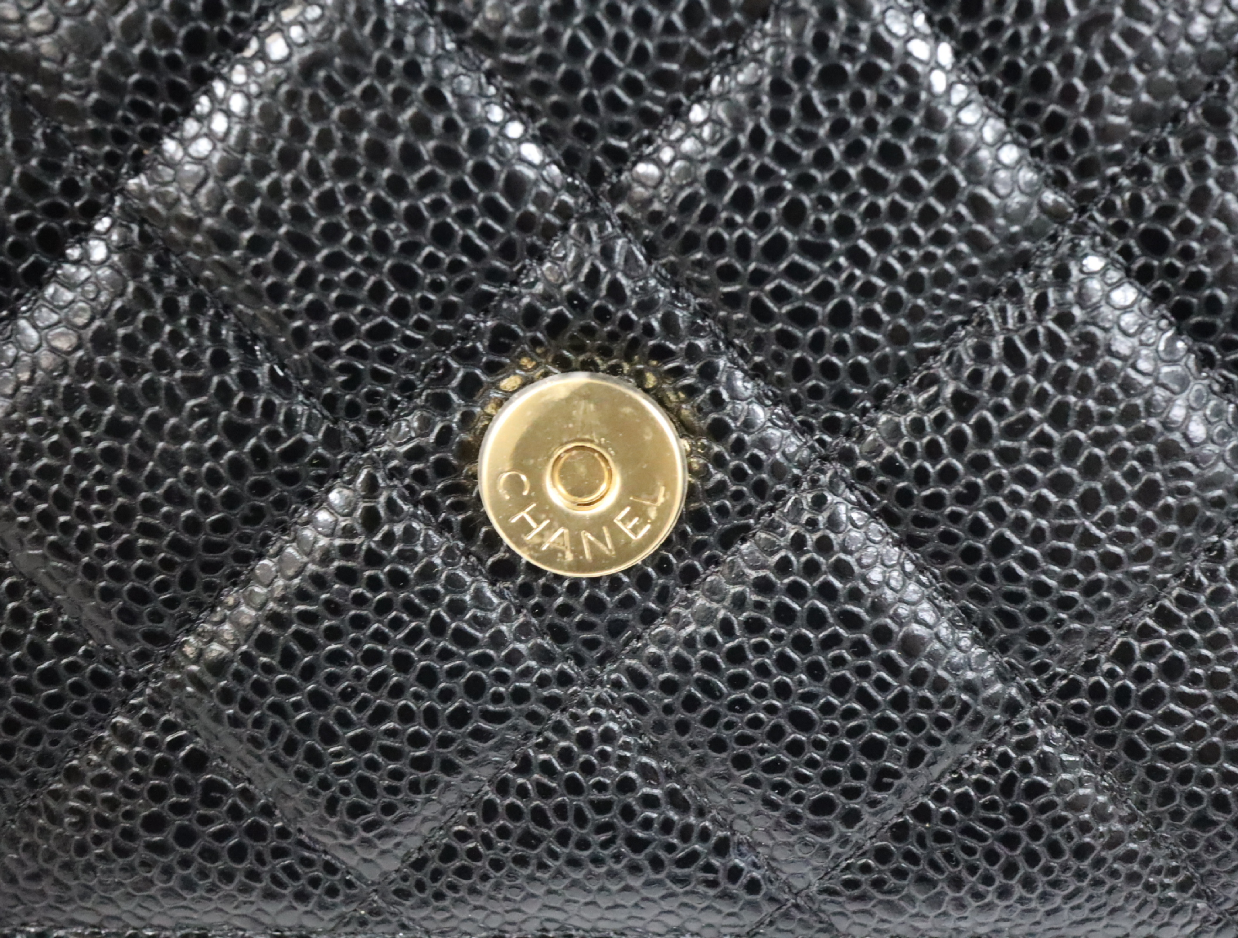 Matelassé Caviar Skin Chain Wallet, Black with Gold Hardware, Serial Number Plate, AP0250, Shoulder Bag — view 13