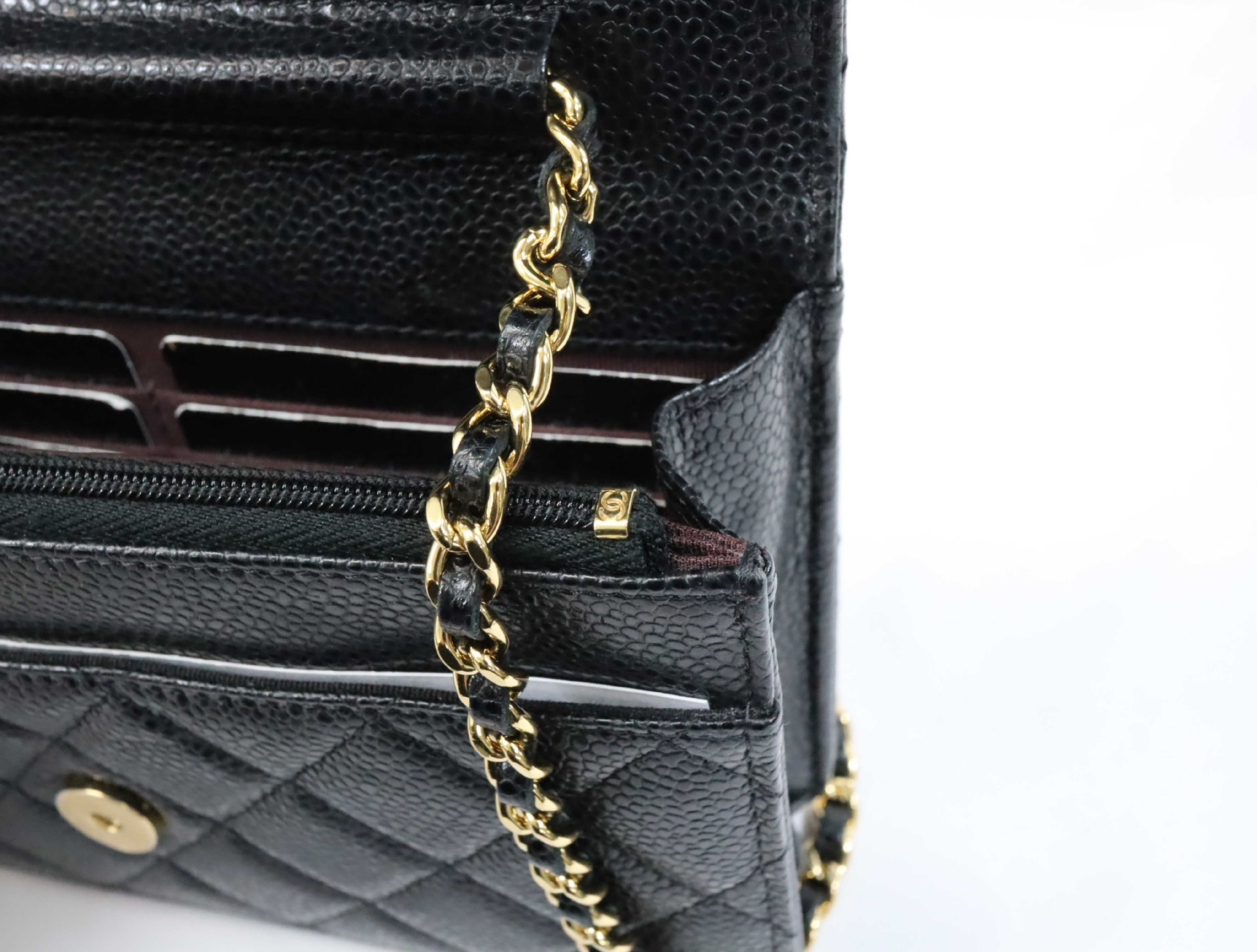 Matelassé Caviar Skin Chain Wallet, Black with Gold Hardware, Serial Number Plate, AP0250, Shoulder Bag — view 14