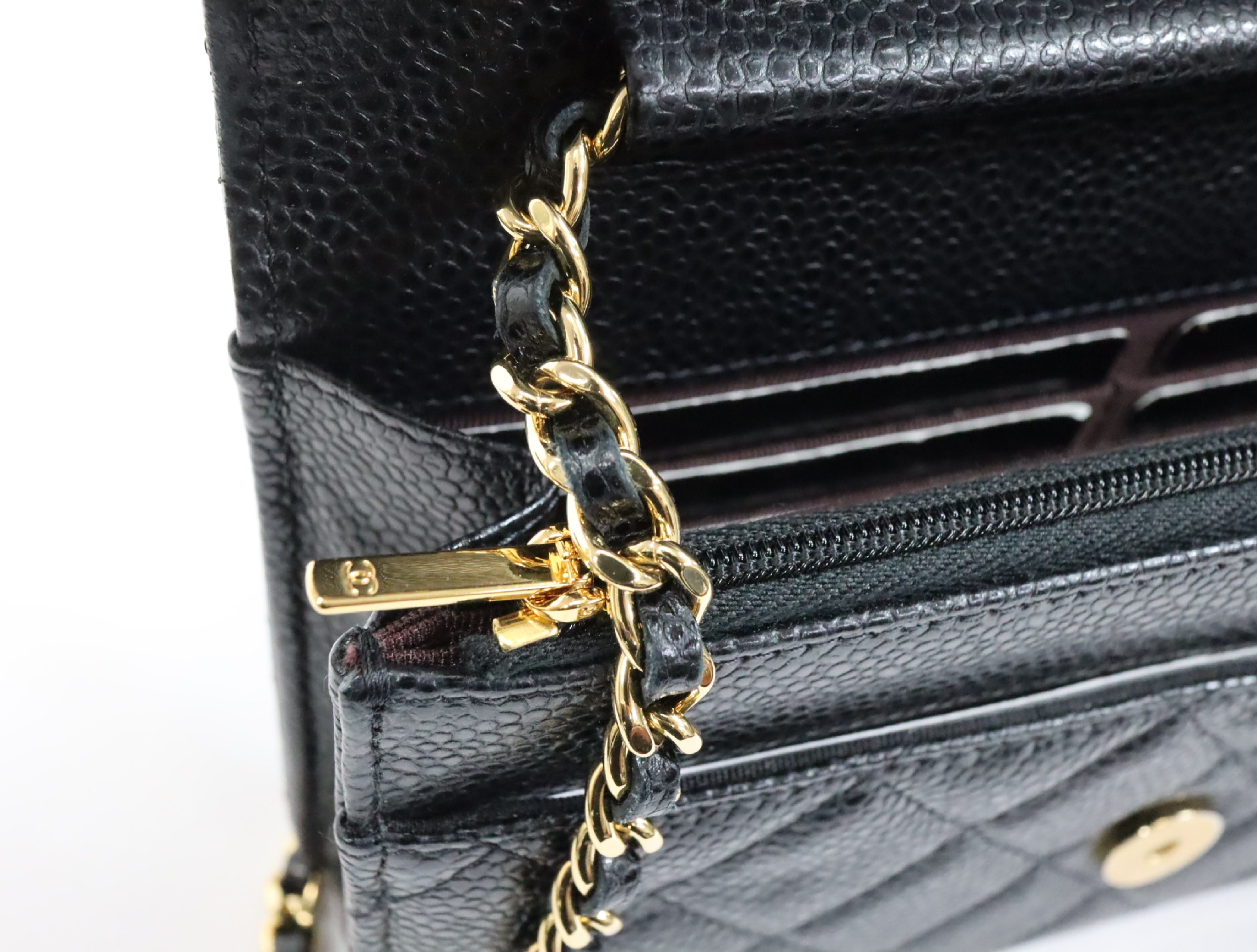 Matelassé Caviar Skin Chain Wallet, Black with Gold Hardware, Serial Number Plate, AP0250, Shoulder Bag — view 15