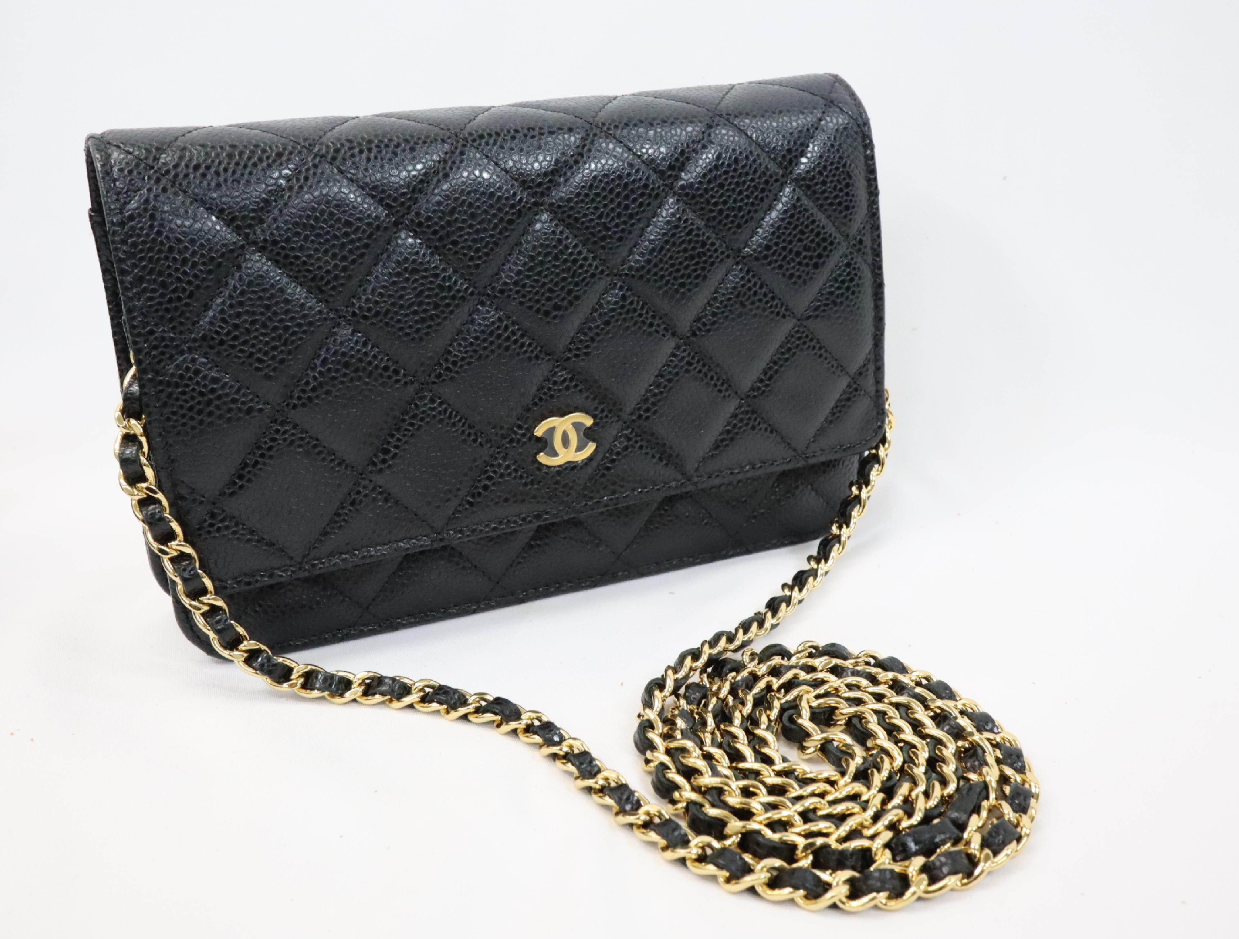 Matelassé Caviar Skin Chain Wallet, Black with Gold Hardware, Serial Number Plate, AP0250, Shoulder Bag — view 3