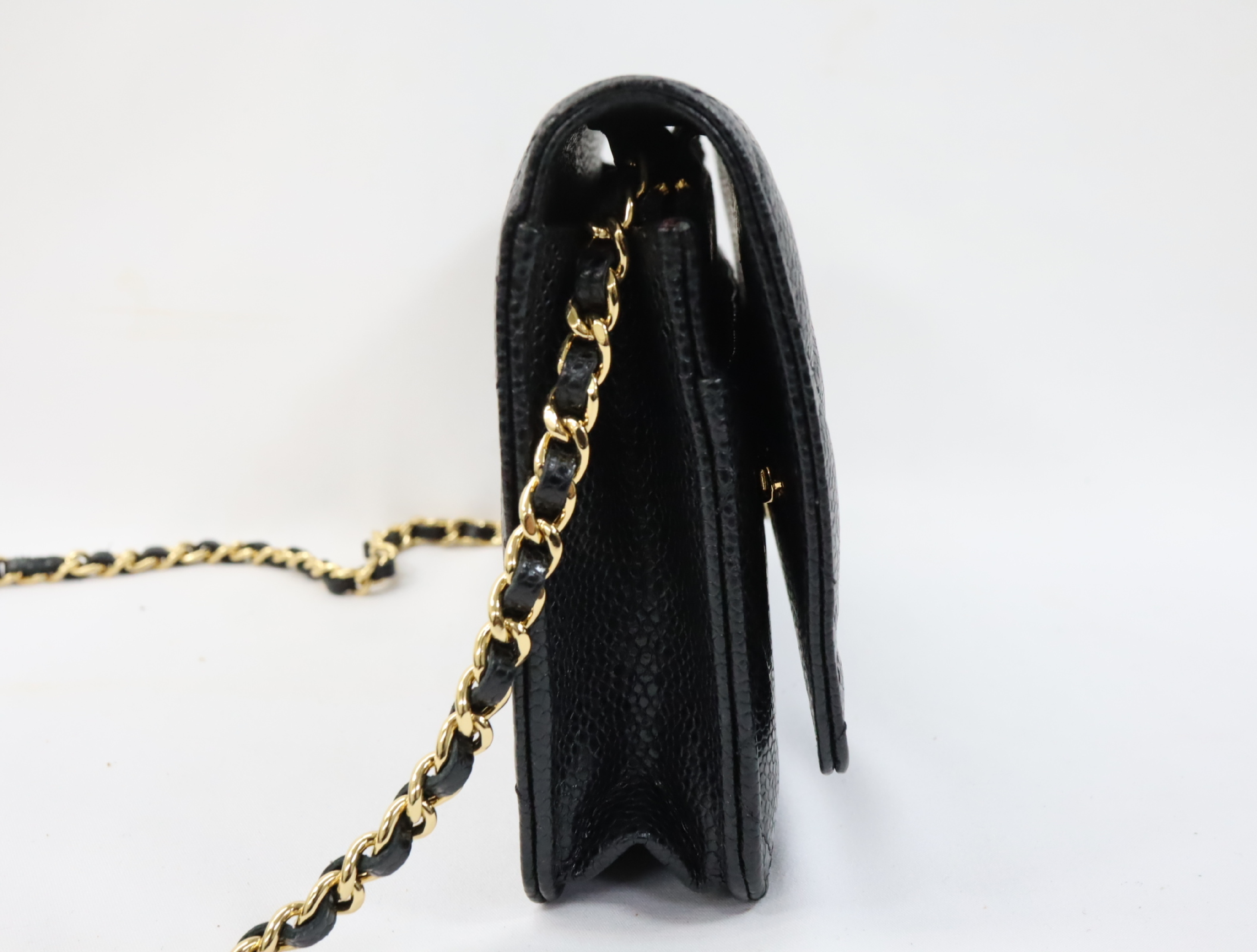 Matelassé Caviar Skin Chain Wallet, Black with Gold Hardware, Serial Number Plate, AP0250, Shoulder Bag — view 4