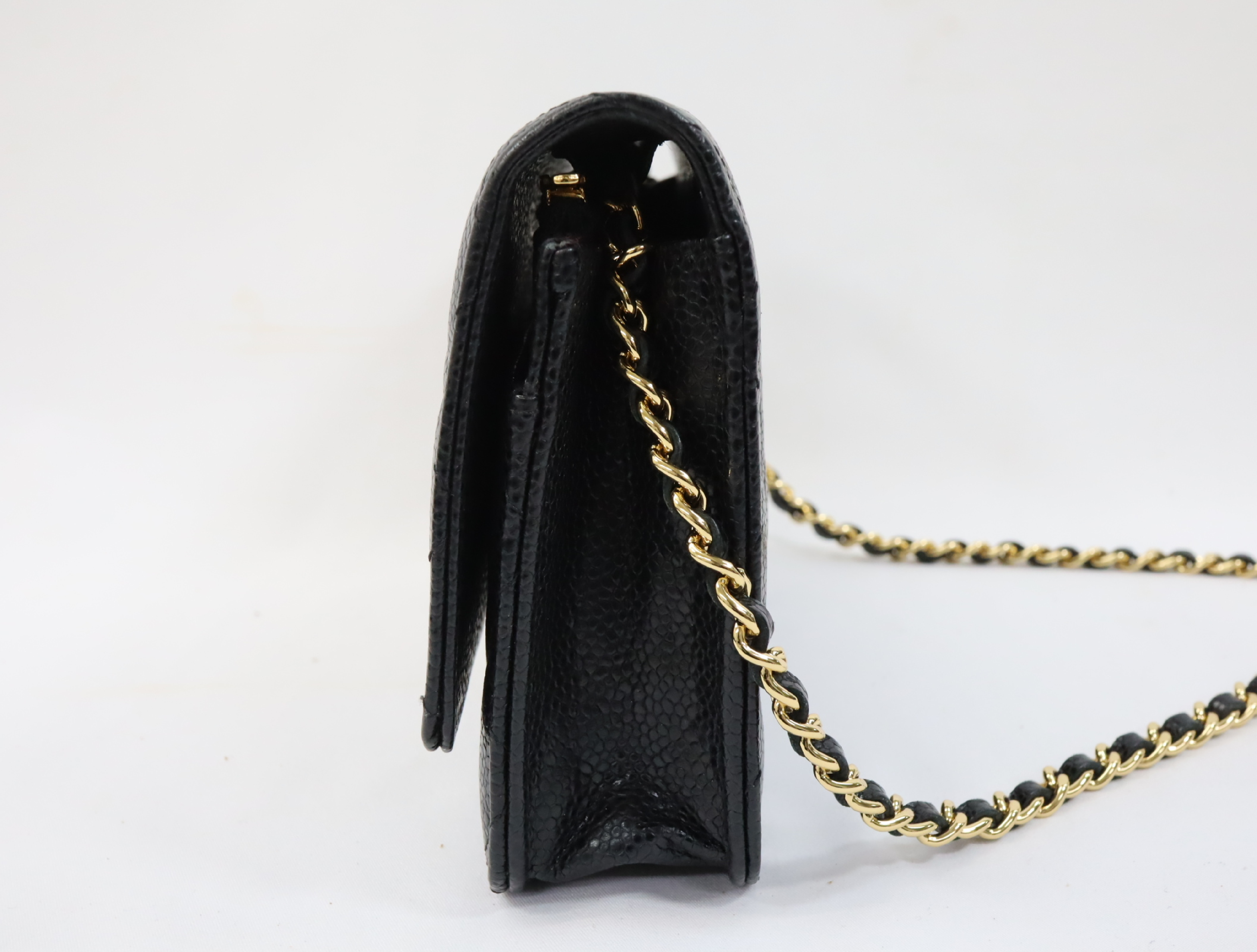 Matelassé Caviar Skin Chain Wallet, Black with Gold Hardware, Serial Number Plate, AP0250, Shoulder Bag — view 5