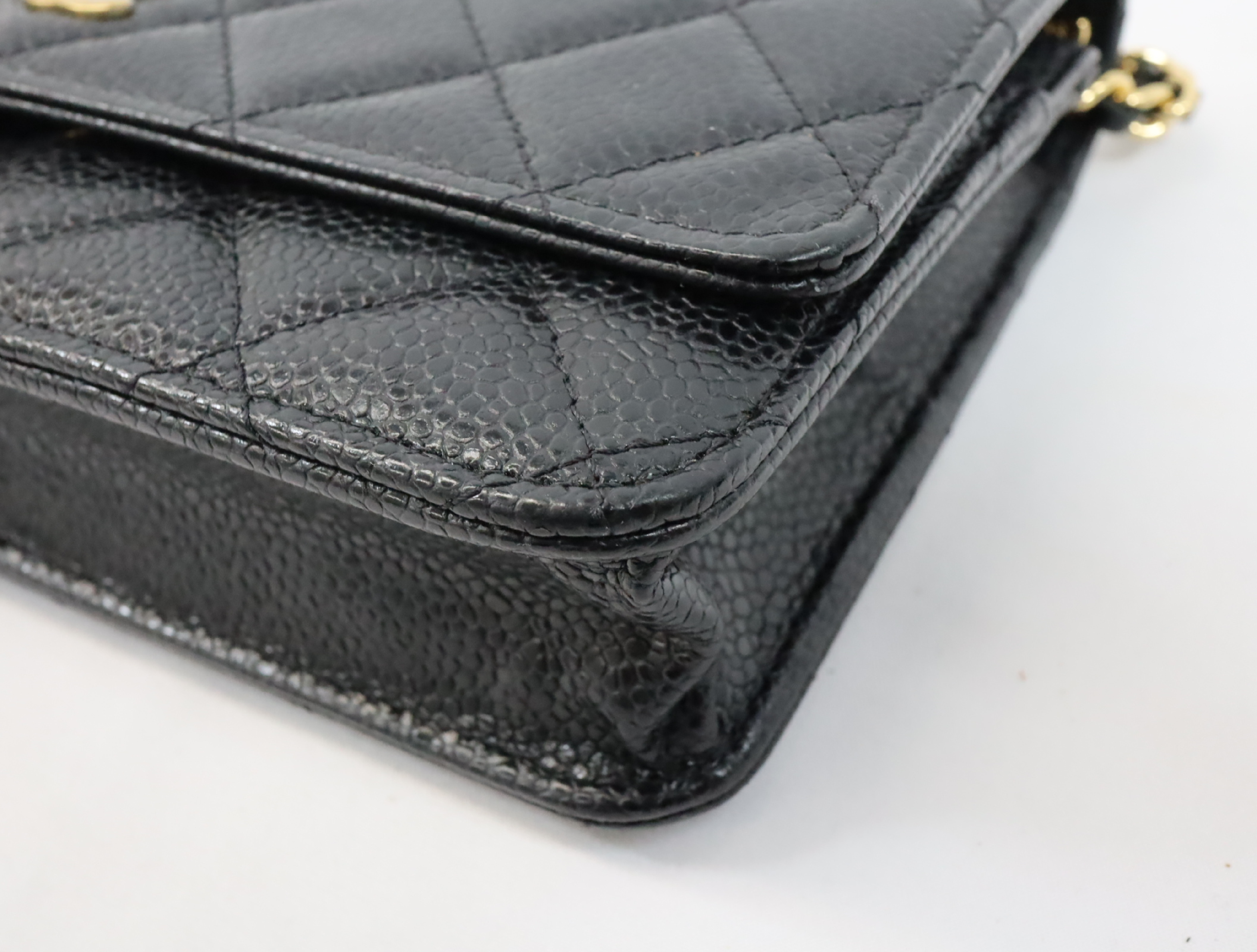 Matelassé Caviar Skin Chain Wallet, Black with Gold Hardware, Serial Number Plate, AP0250, Shoulder Bag — view 7