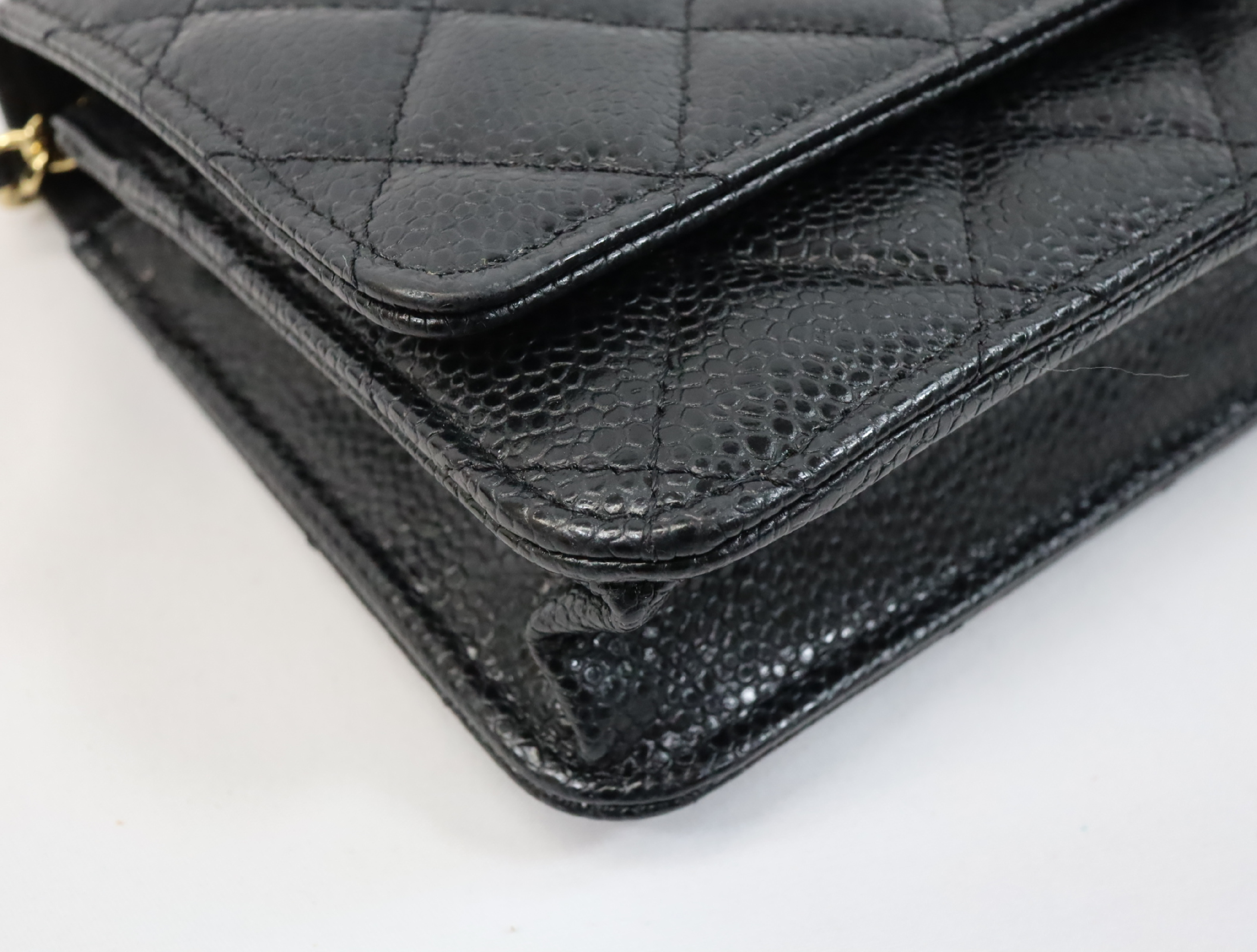 Matelassé Caviar Skin Chain Wallet, Black with Gold Hardware, Serial Number Plate, AP0250, Shoulder Bag — view 8
