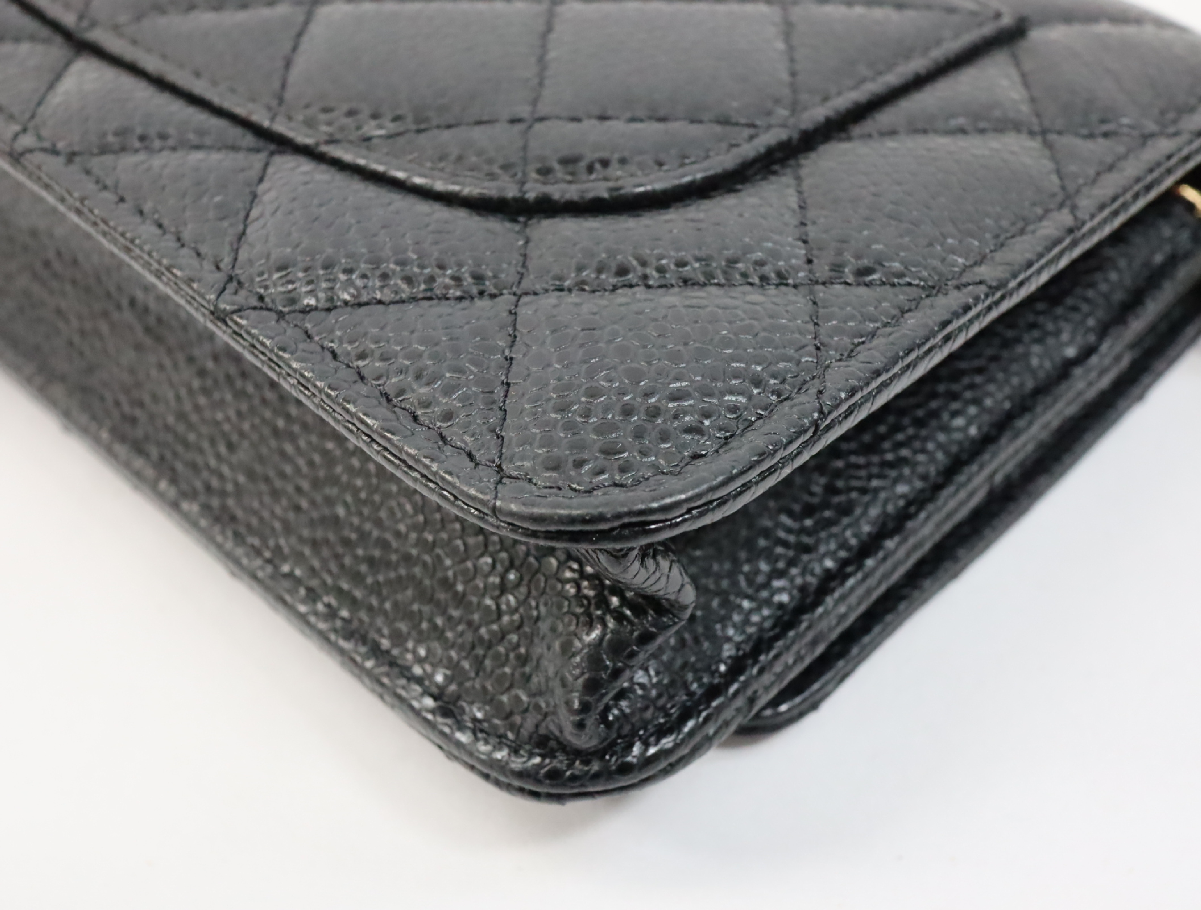 Matelassé Caviar Skin Chain Wallet, Black with Gold Hardware, Serial Number Plate, AP0250, Shoulder Bag — view 9