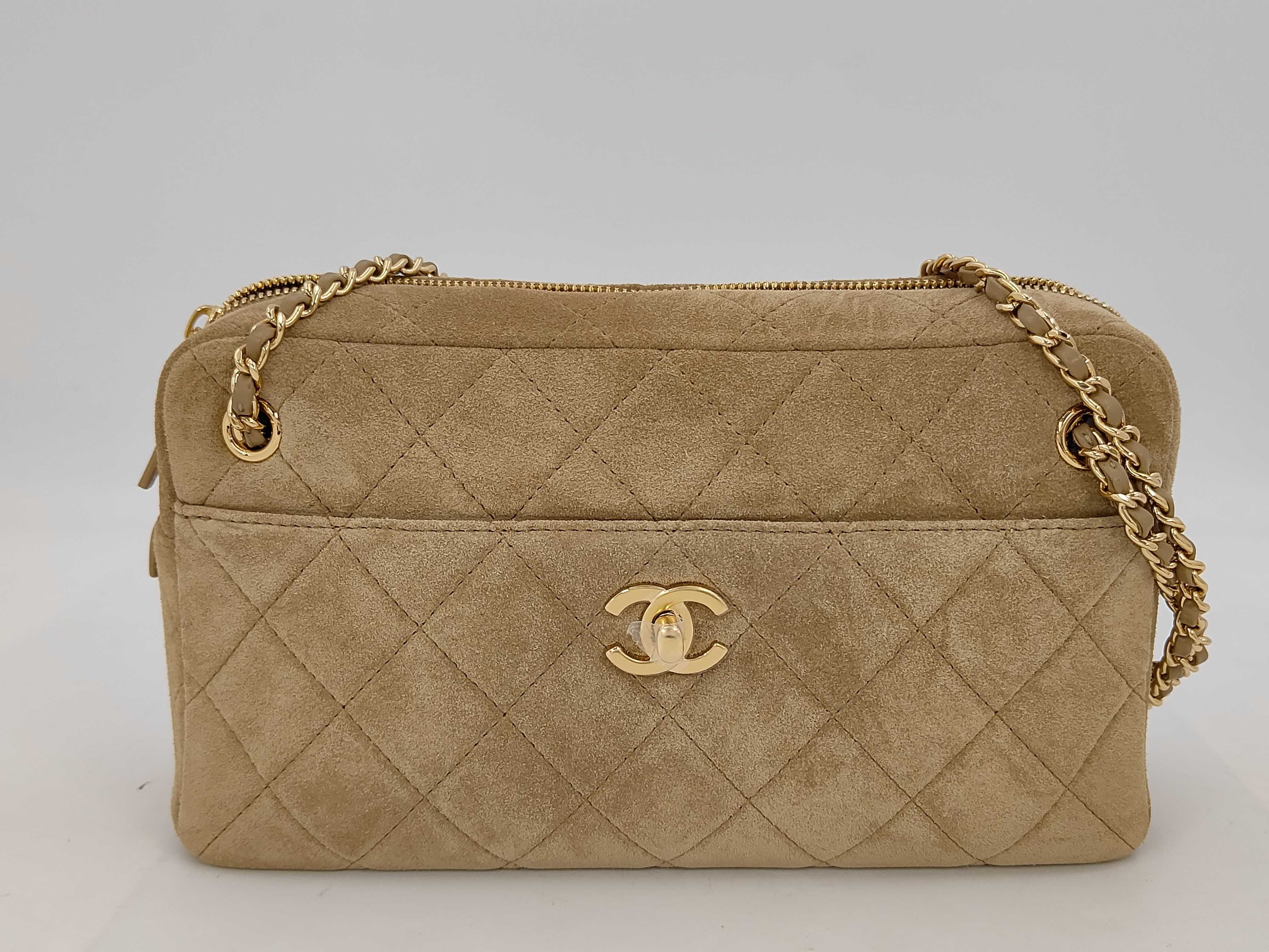 Camera Bag, Turnlock, Matelassé, Suede, Brown, Gold Hardware, AS6443, Shoulder Bag