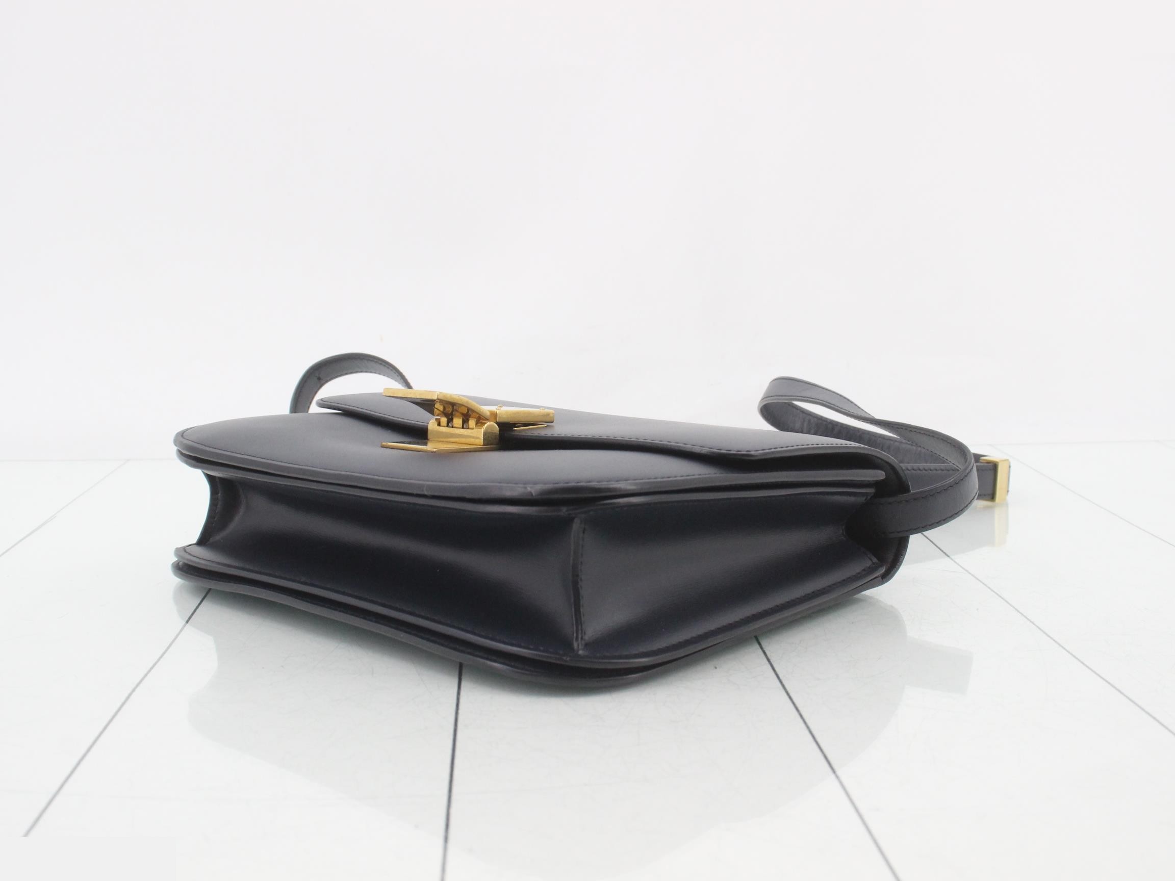 Classic Box Leather Shoulder Bag, Navy — view 6