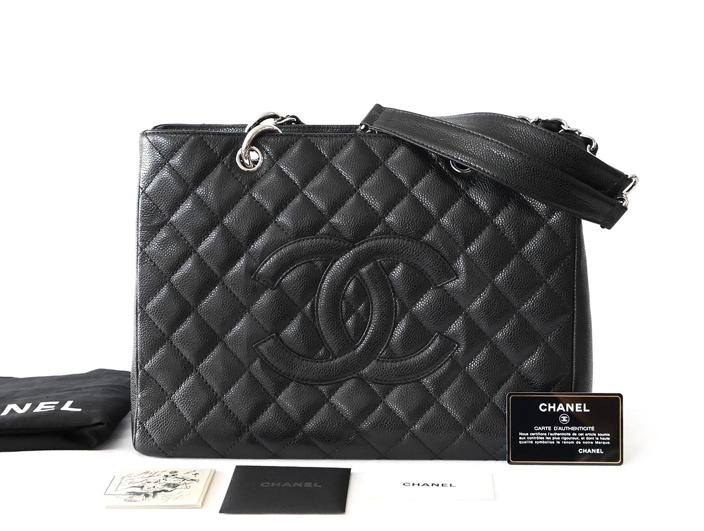 Caviar Skin GST Chain Tote Bag, Black