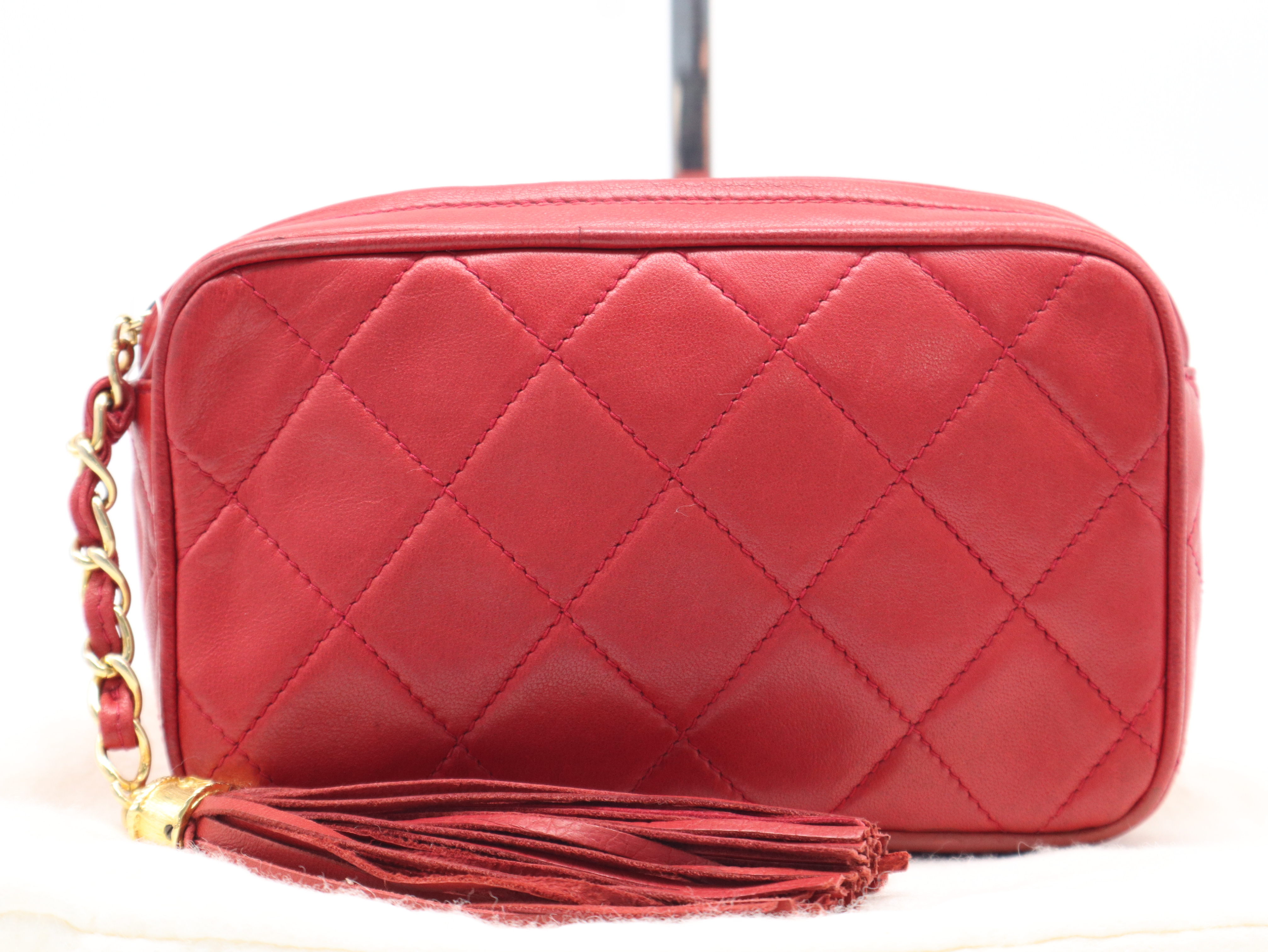 Lambskin Matelassé Fringe Clutch Bag with Gold Hardware, Red, with Dust Bag