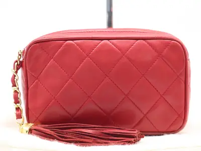 Lambskin Matelassé Fringe Clutch Bag with Gold Hardware, Red, with Dust Bag