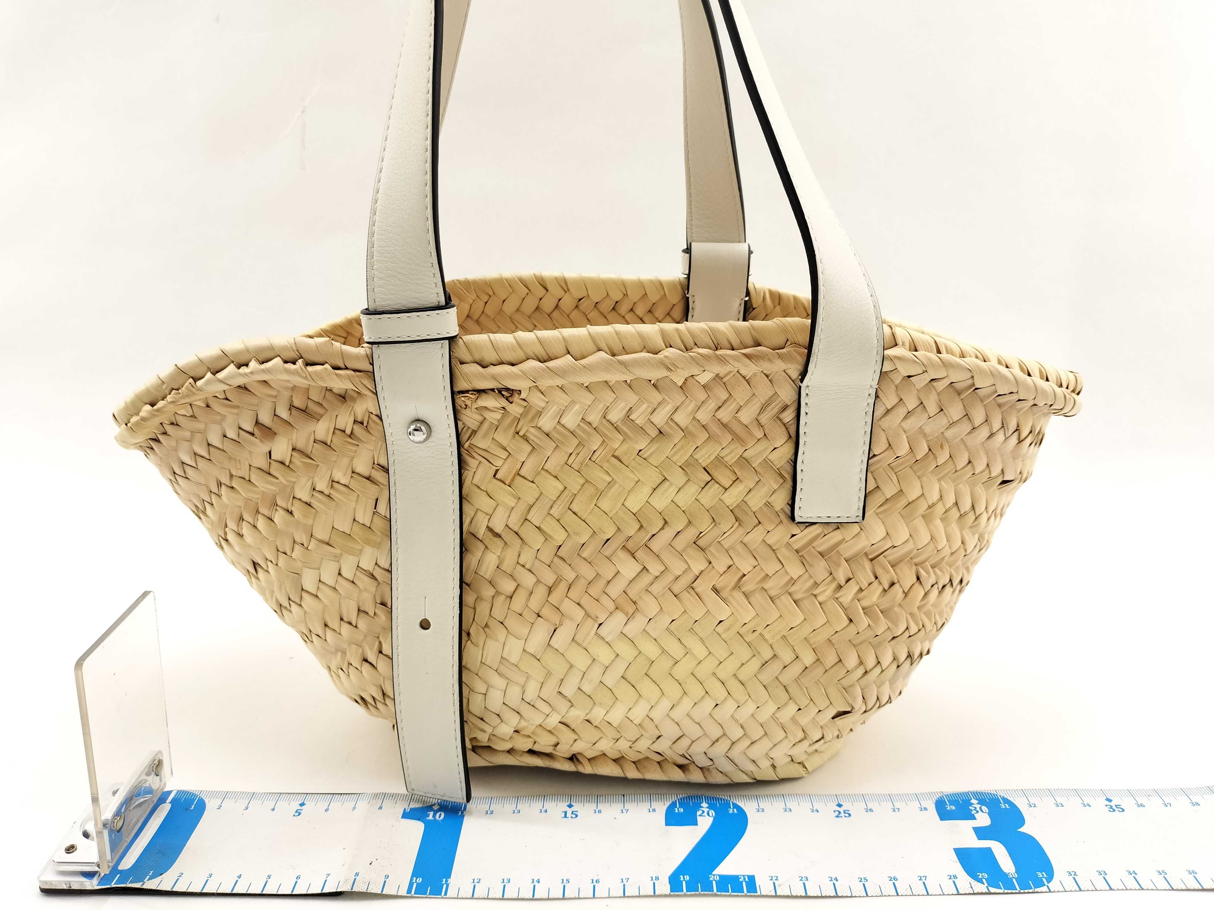 Basket Small Straw and Leather Tote Bag, White and Beige Handbag — view 2