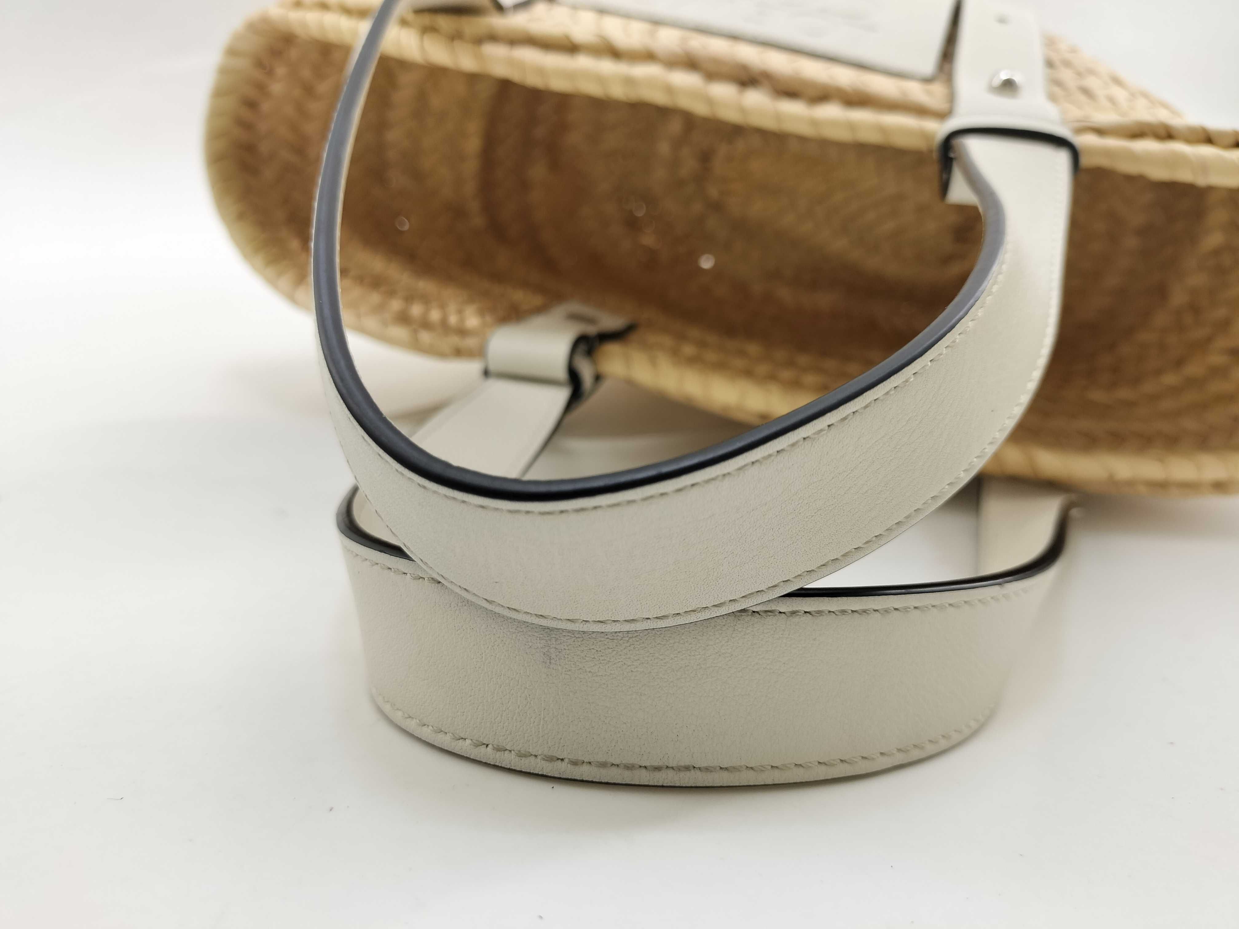 Basket Small Straw and Leather Tote Bag, White and Beige Handbag — view 9