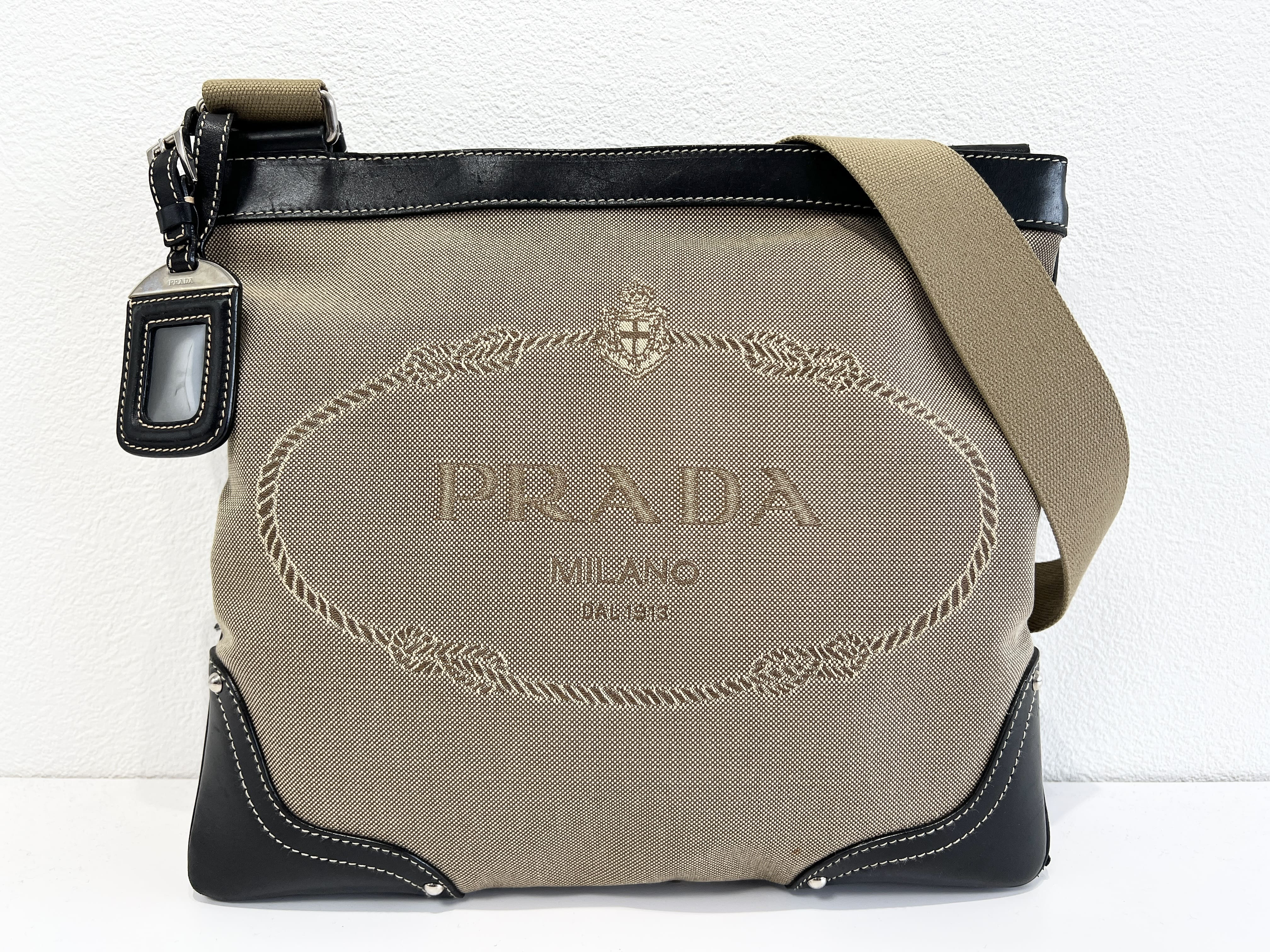 logo jacquard studded canvas leather one-shoulder bag