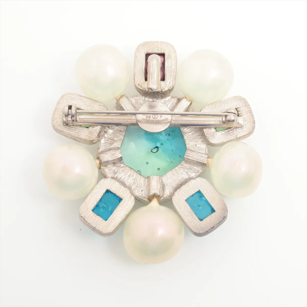 98P brooch, metal x faux pearl x colored stone, silver x multicolor. Shows dents, — view 2