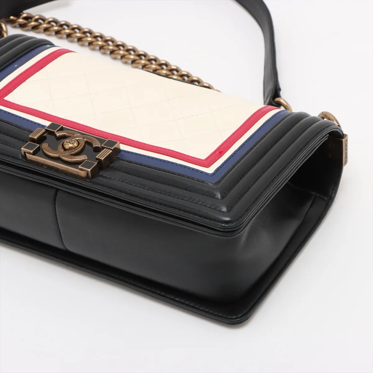 Boy Chanel 25 Lambskin Chain Shoulder Bag, Black x Beige, Gold Hardware, 21773995, Serial Number , A67086 — view 3