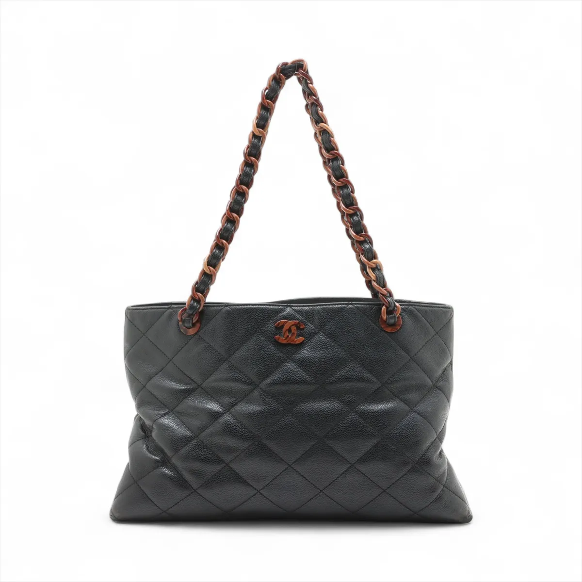 Matelassé Caviar Skin Tote Bag, Wood, Black, Gold Hardware, 6602446, Series 6