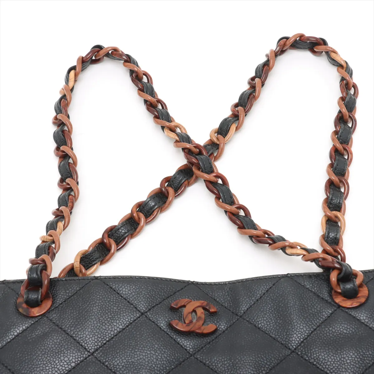 Matelassé Caviar Skin Tote Bag, Wood, Black, Gold Hardware, 6602446, Series 6 — view 6