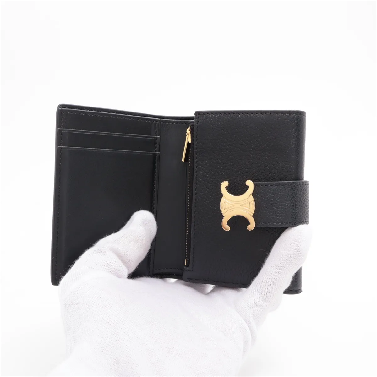 Triomphe Fine Strap Wallet Leather Compact Wallet Black — view 3