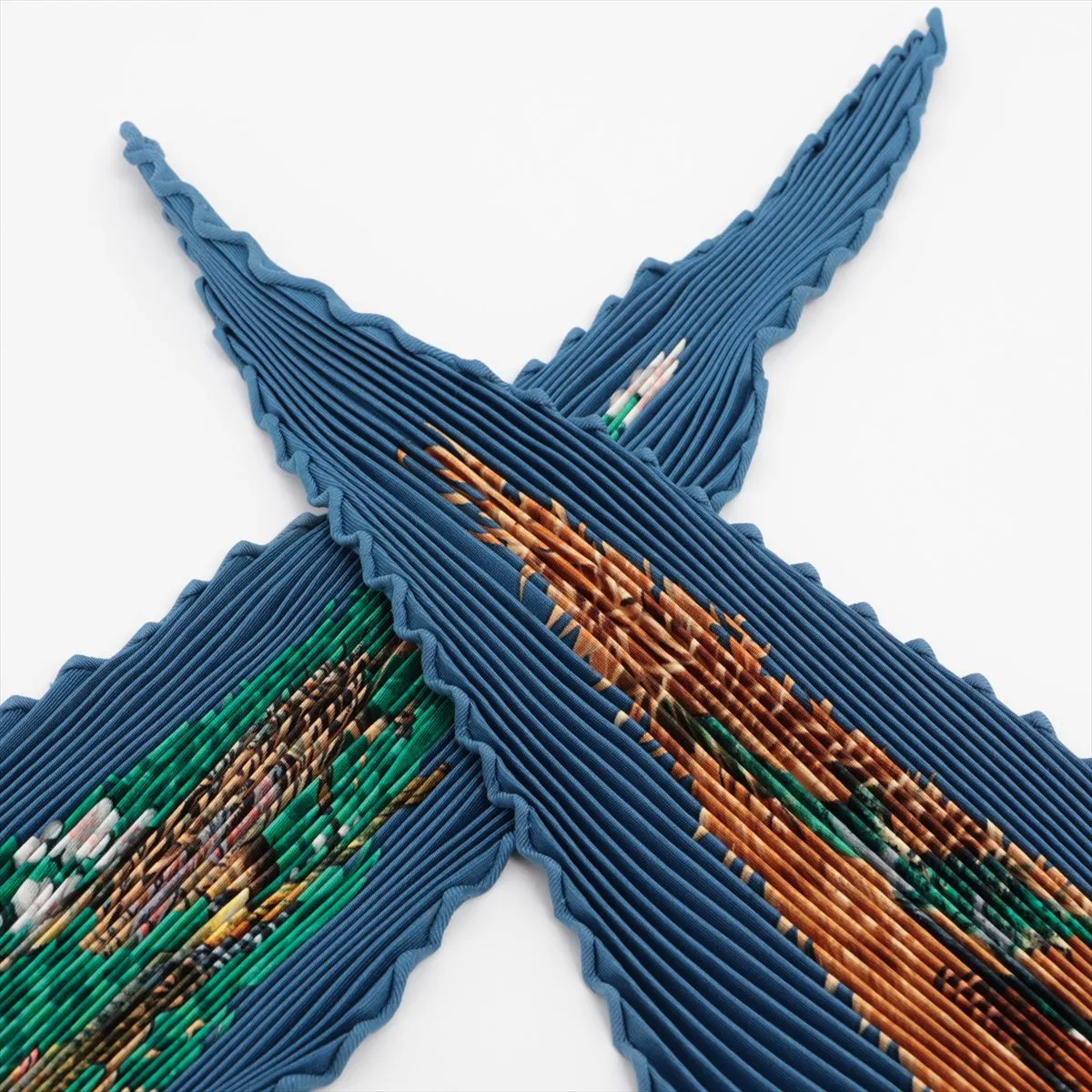 pleated scarf, Les Quatre Saisons (Four Seasons), silk, blue. Shows signs of wear, — view 2