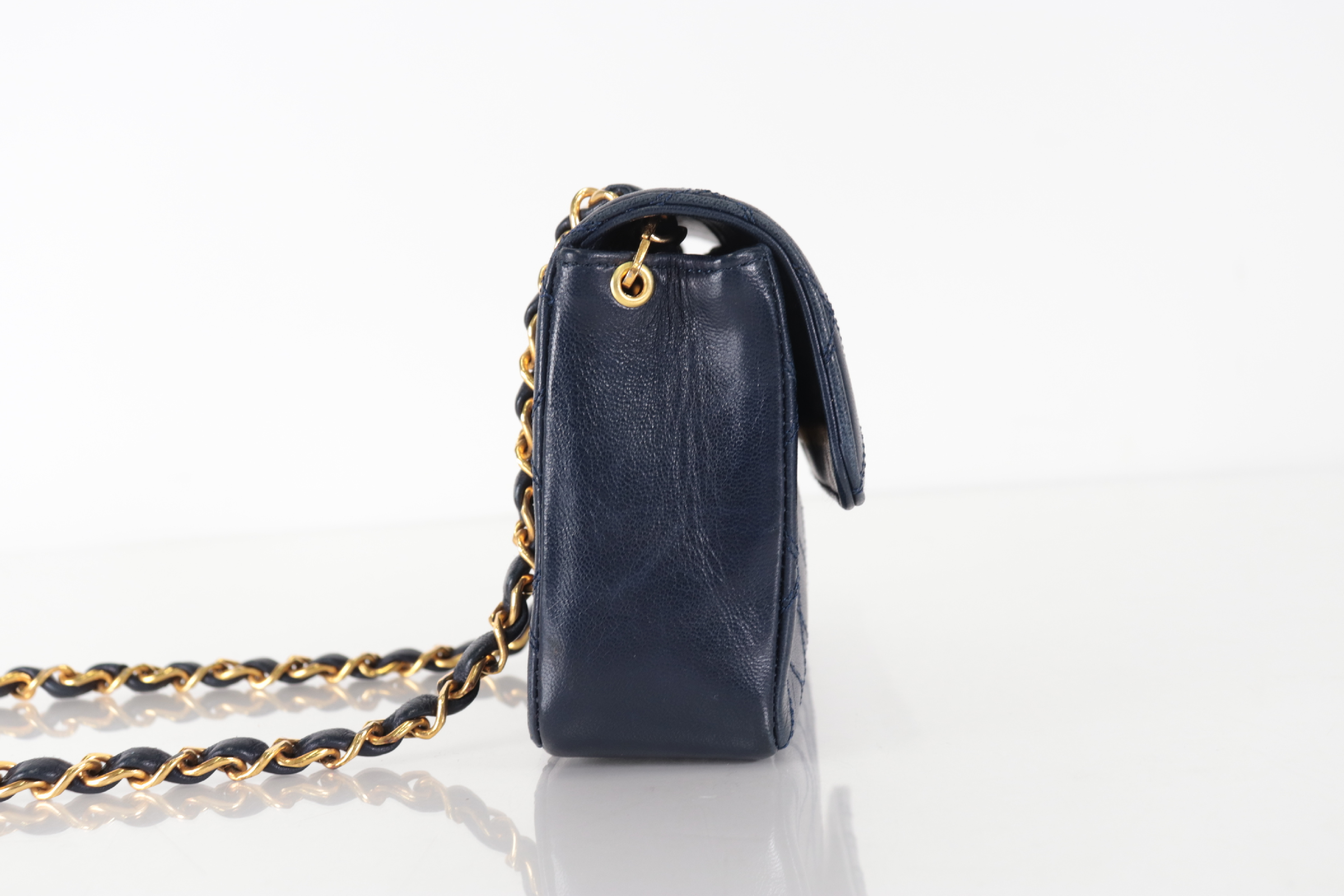 Bicolore Lamb Push Mini Chain Shoulder Bag, Navy — view 3
