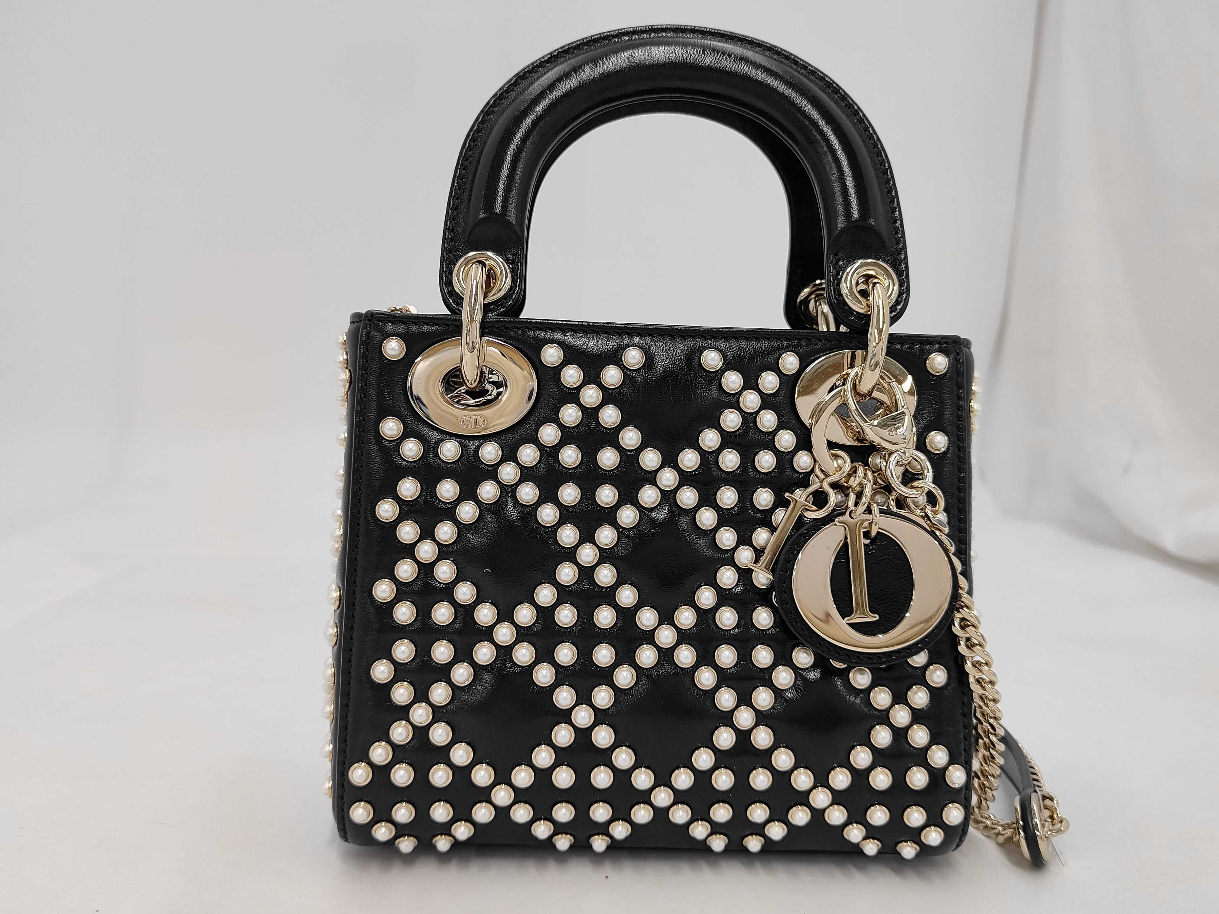 Christian Lady Dior Pearl Cannage Gold Hardware 2-way Handbag Chain Shoulder Bag Black Bag