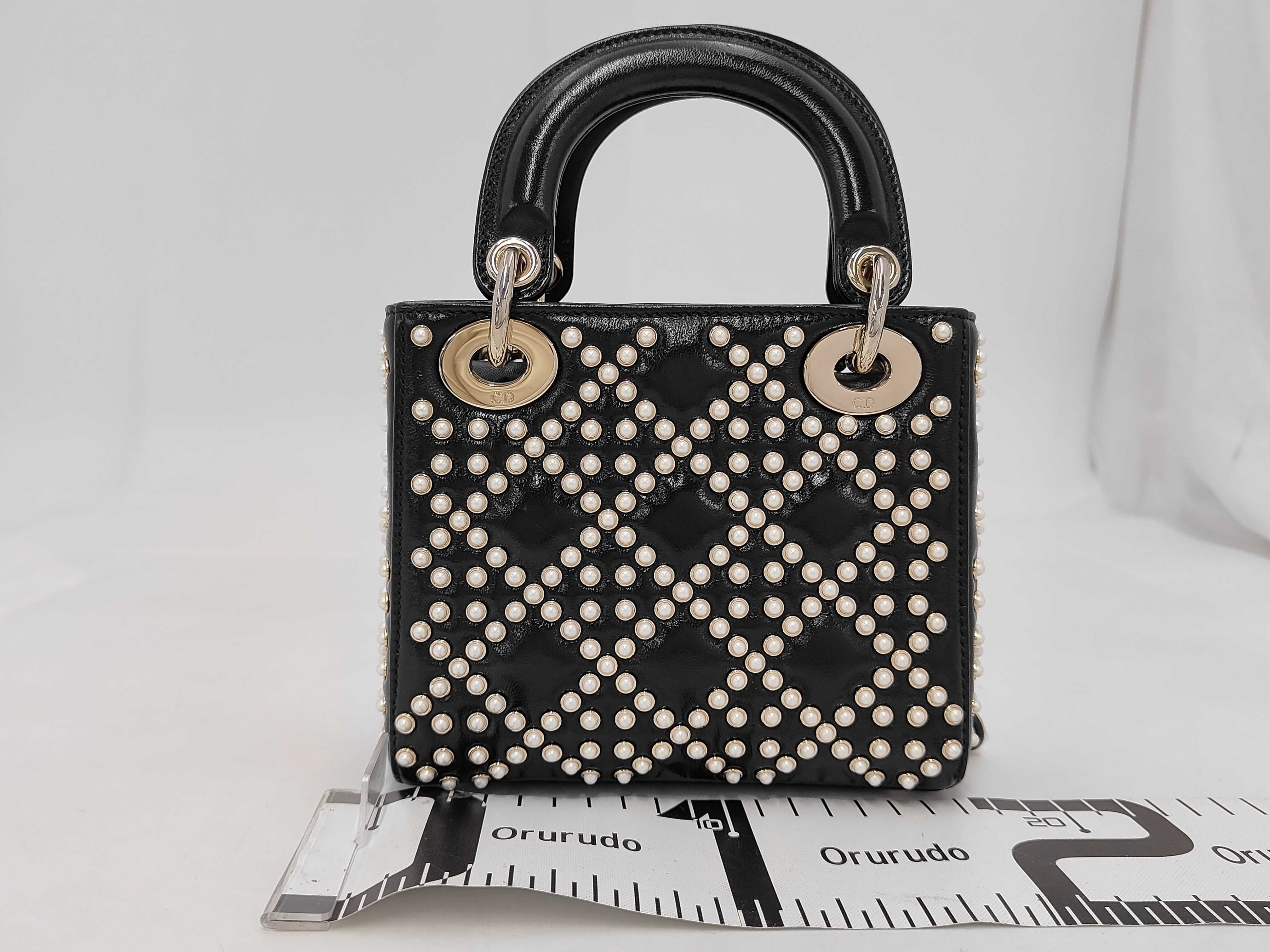 Christian Lady Dior Pearl Cannage Gold Hardware 2-way Handbag Chain Shoulder Bag Black Bag — view 2