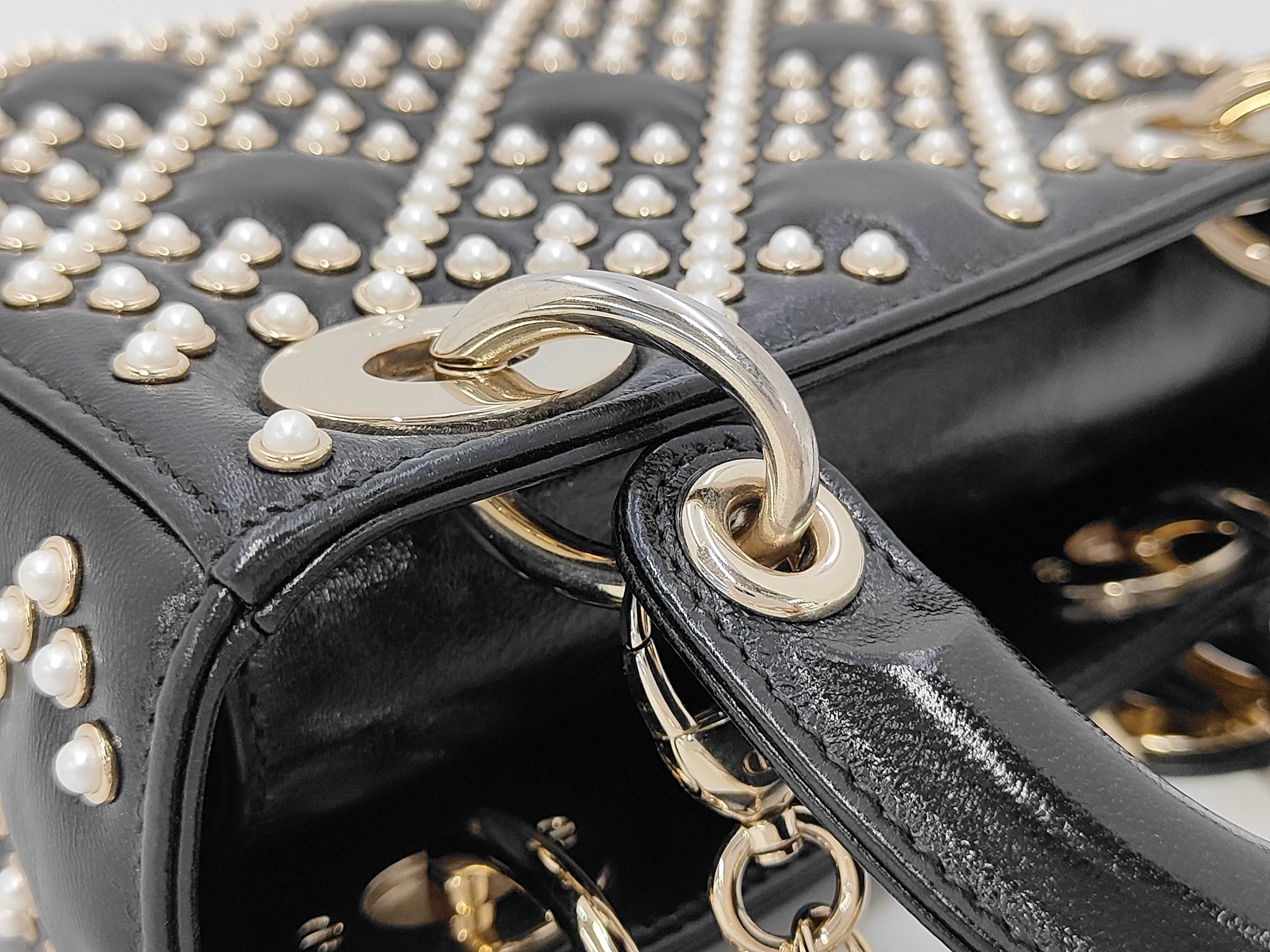 Christian Lady Dior Pearl Cannage Gold Hardware 2-way Handbag Chain Shoulder Bag Black Bag — view 6