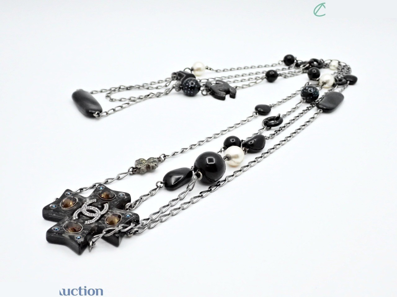 Long necklace, black, faux pearl, engraved, chain approximately 96cm. — view 3