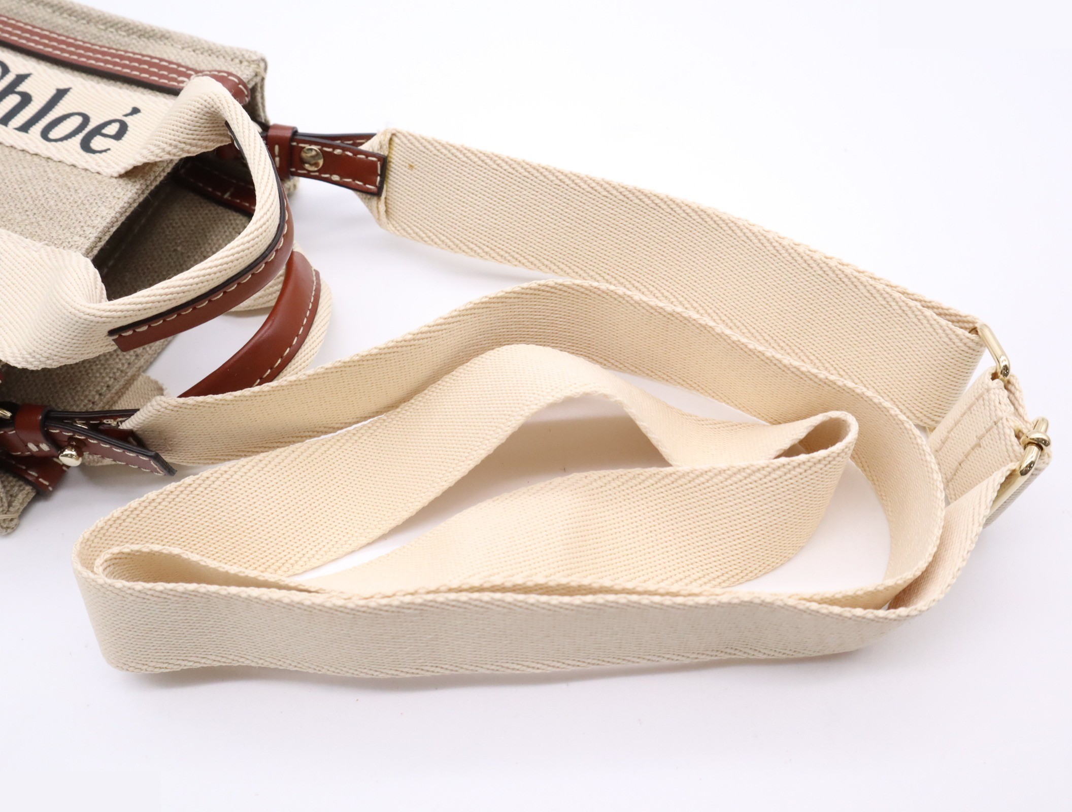 Woody Linen North-South Canvas Leather Mini Tote Bag, Brown — view 6
