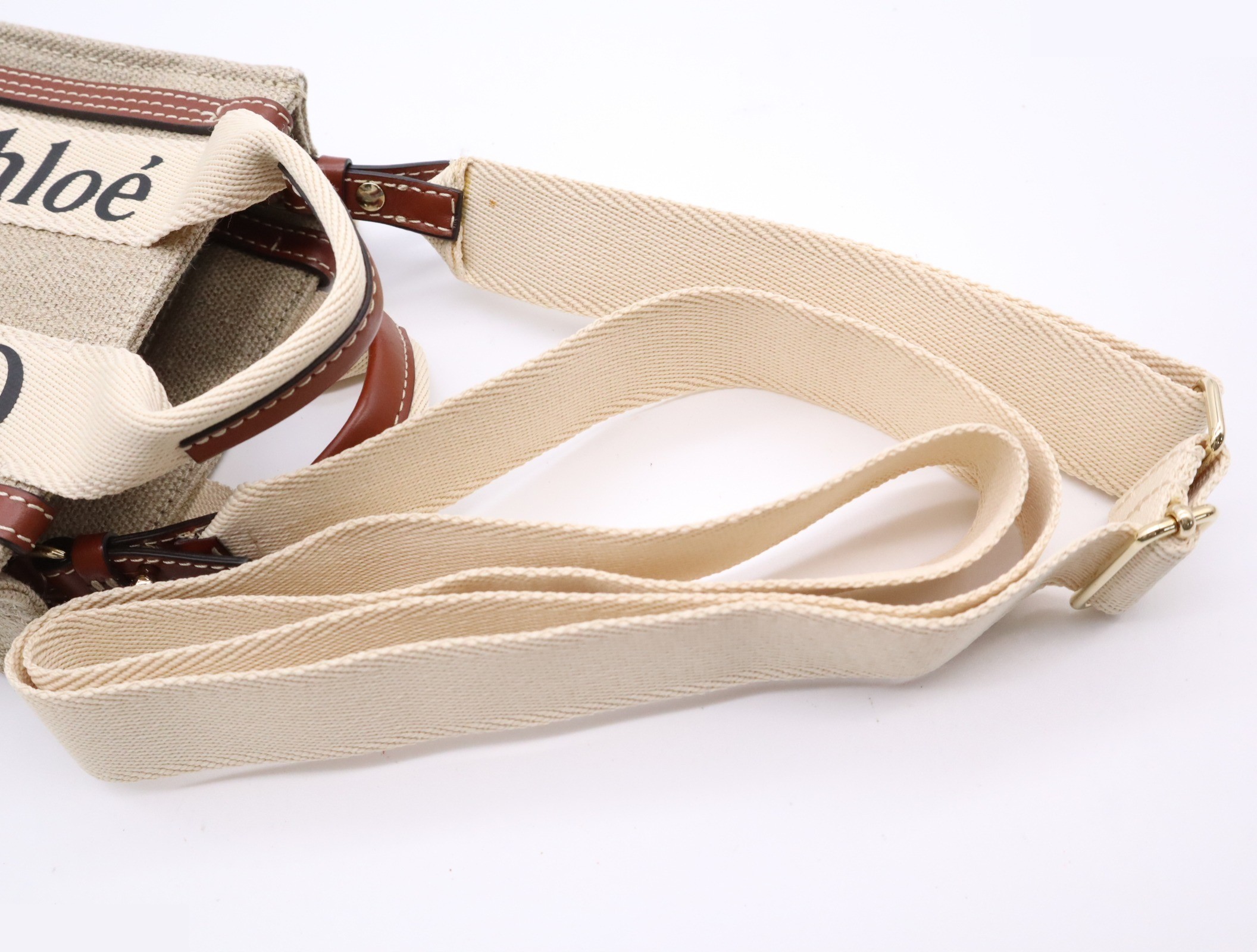 Woody Linen North-South Canvas Leather Mini Tote Bag, Brown — view 7