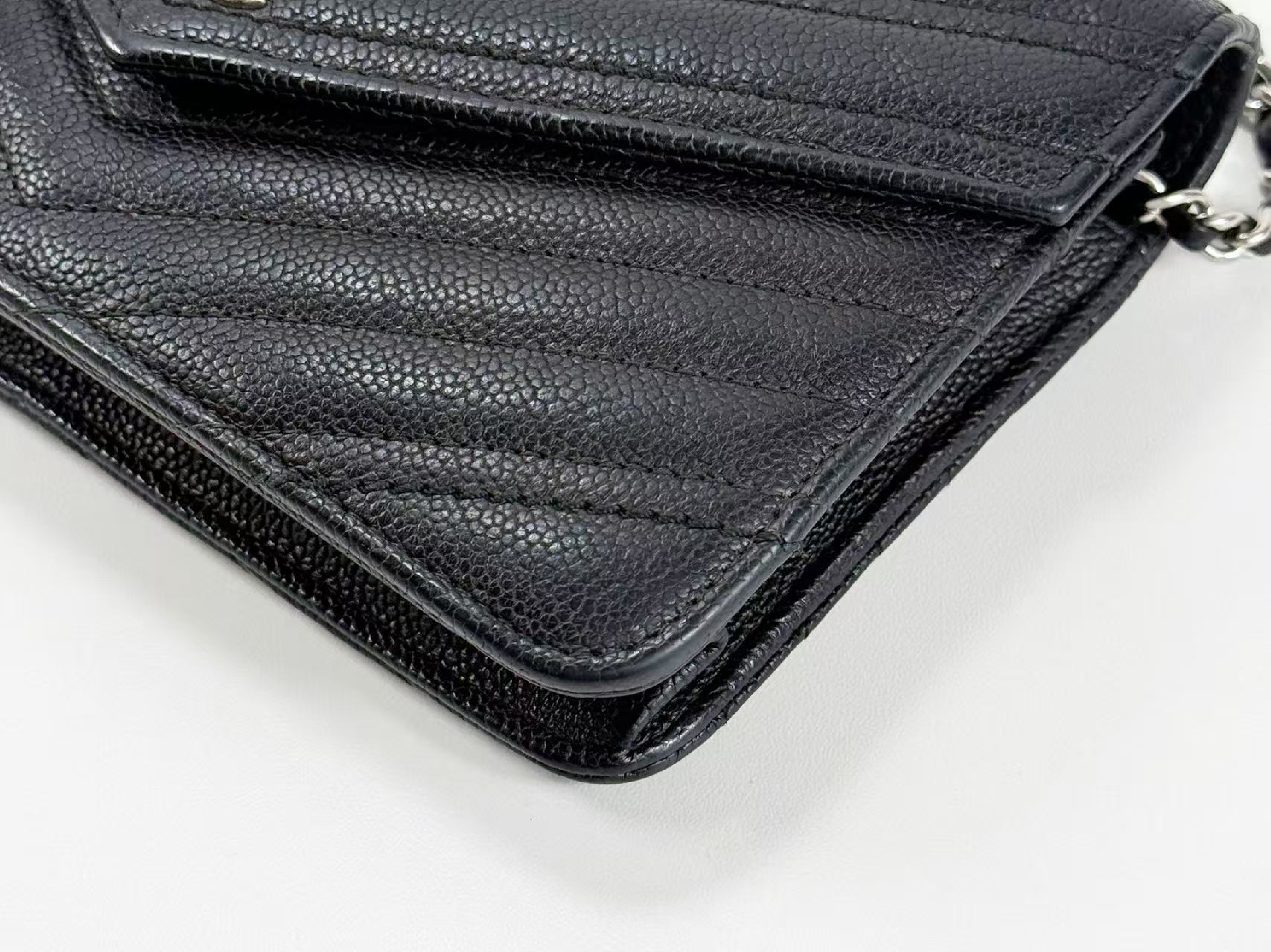 Black Caviar Skin V-Stitch Shoulder Bag, WOC, Approx. 19cm W, Serial Number , with Dust Bag and Seal, Silver Hardware, 24813421 — view 11