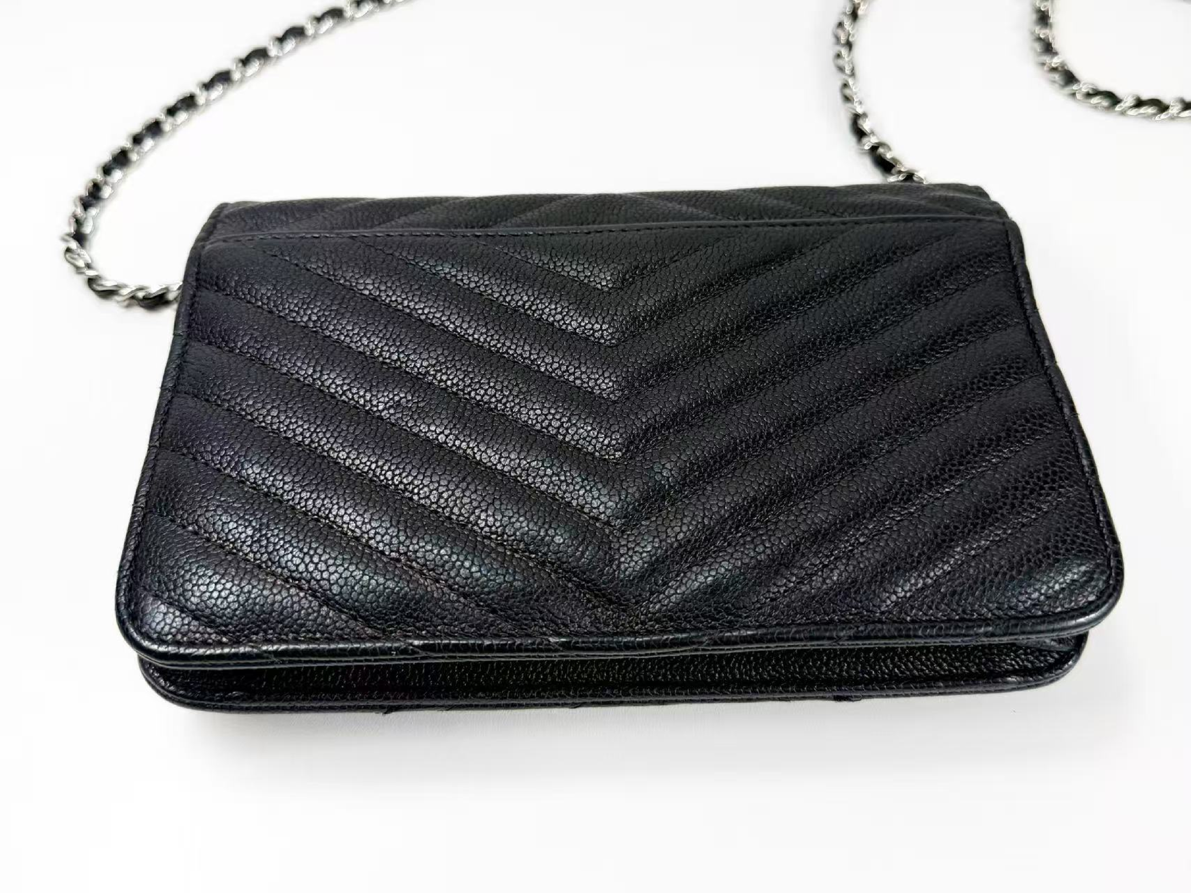 Black Caviar Skin V-Stitch Shoulder Bag, WOC, Approx. 19cm W, Serial Number , with Dust Bag and Seal, Silver Hardware, 24813421 — view 12