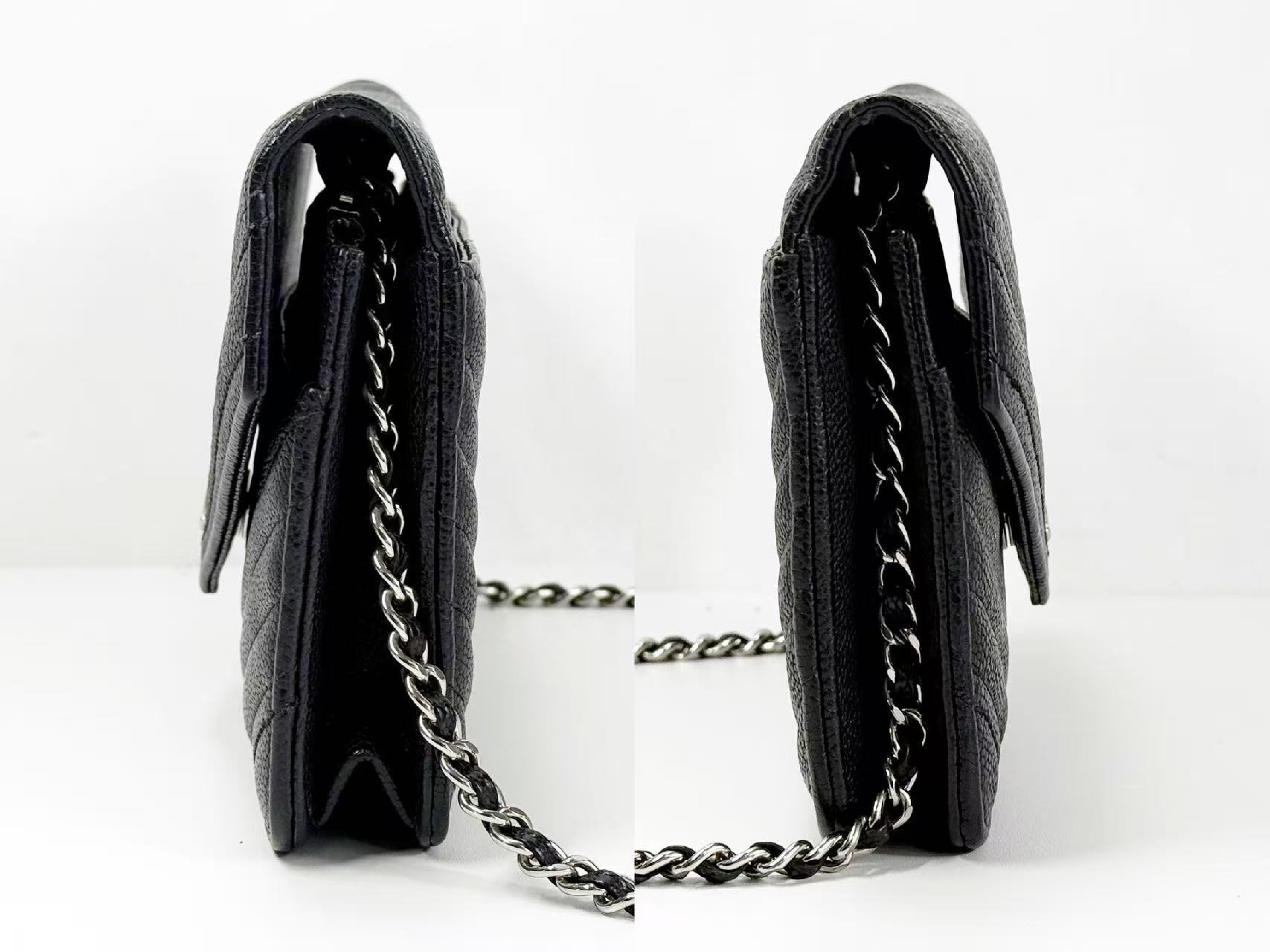 Black Caviar Skin V-Stitch Shoulder Bag, WOC, Approx. 19cm W, Serial Number , with Dust Bag and Seal, Silver Hardware, 24813421 — view 13