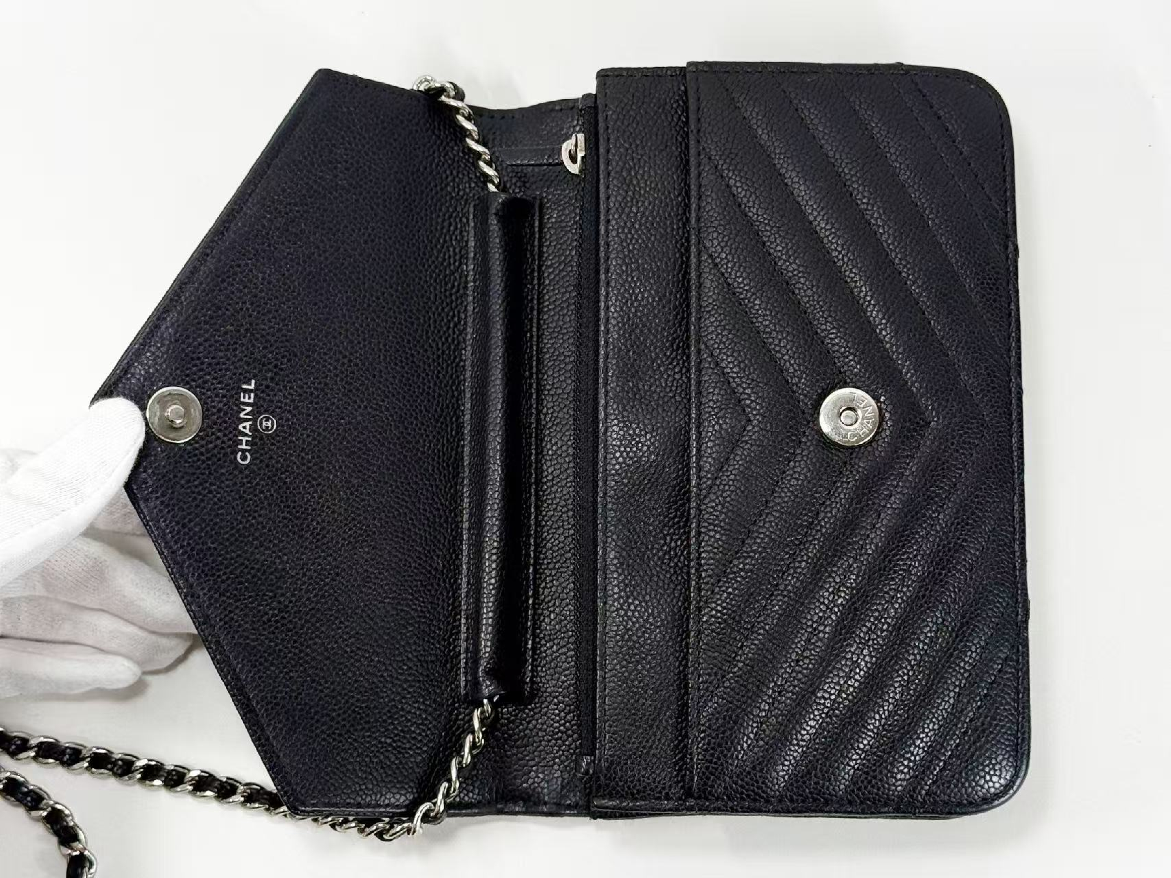 Black Caviar Skin V-Stitch Shoulder Bag, WOC, Approx. 19cm W, Serial Number , with Dust Bag and Seal, Silver Hardware, 24813421 — view 14