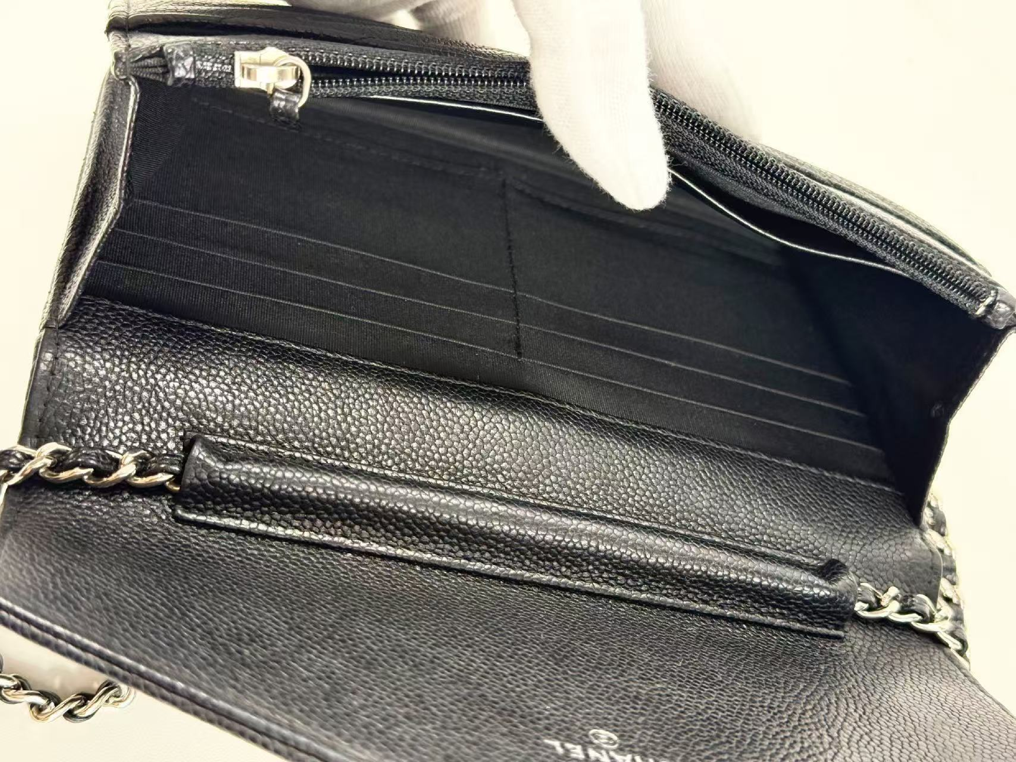 Black Caviar Skin V-Stitch Shoulder Bag, WOC, Approx. 19cm W, Serial Number , with Dust Bag and Seal, Silver Hardware, 24813421 — view 15