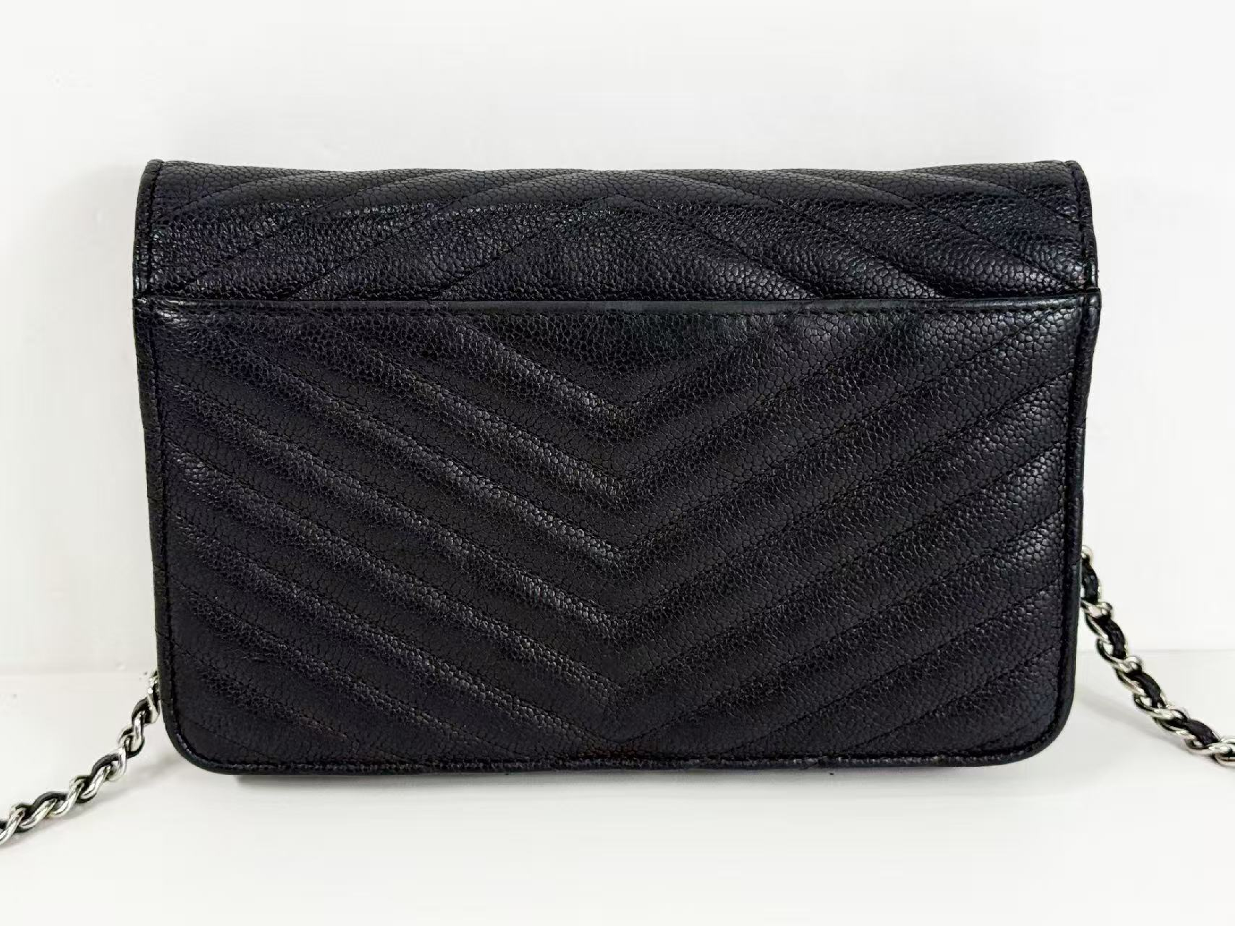 Black Caviar Skin V-Stitch Shoulder Bag, WOC, Approx. 19cm W, Serial Number , with Dust Bag and Seal, Silver Hardware, 24813421 — view 3