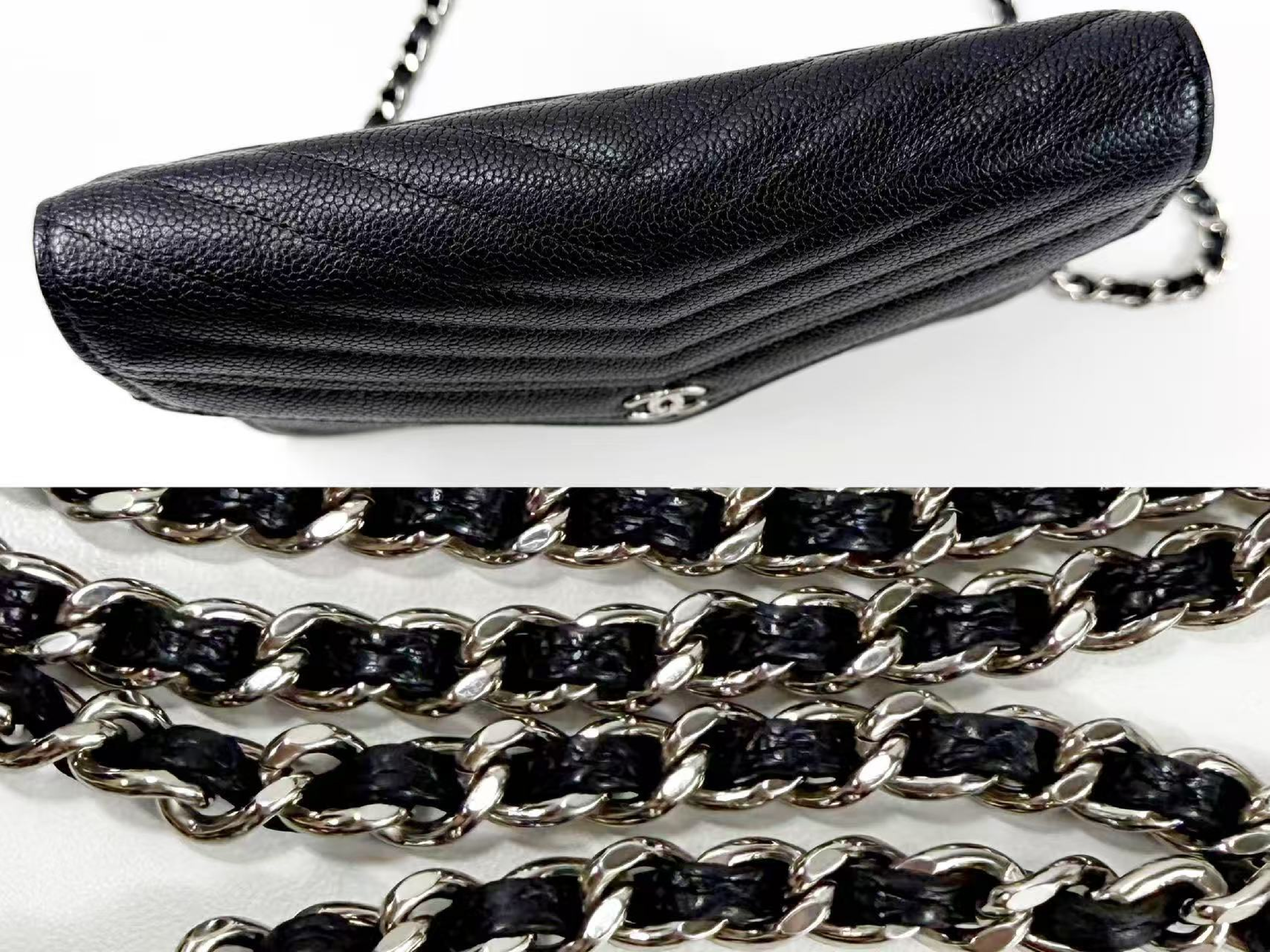 Black Caviar Skin V-Stitch Shoulder Bag, WOC, Approx. 19cm W, Serial Number , with Dust Bag and Seal, Silver Hardware, 24813421 — view 9