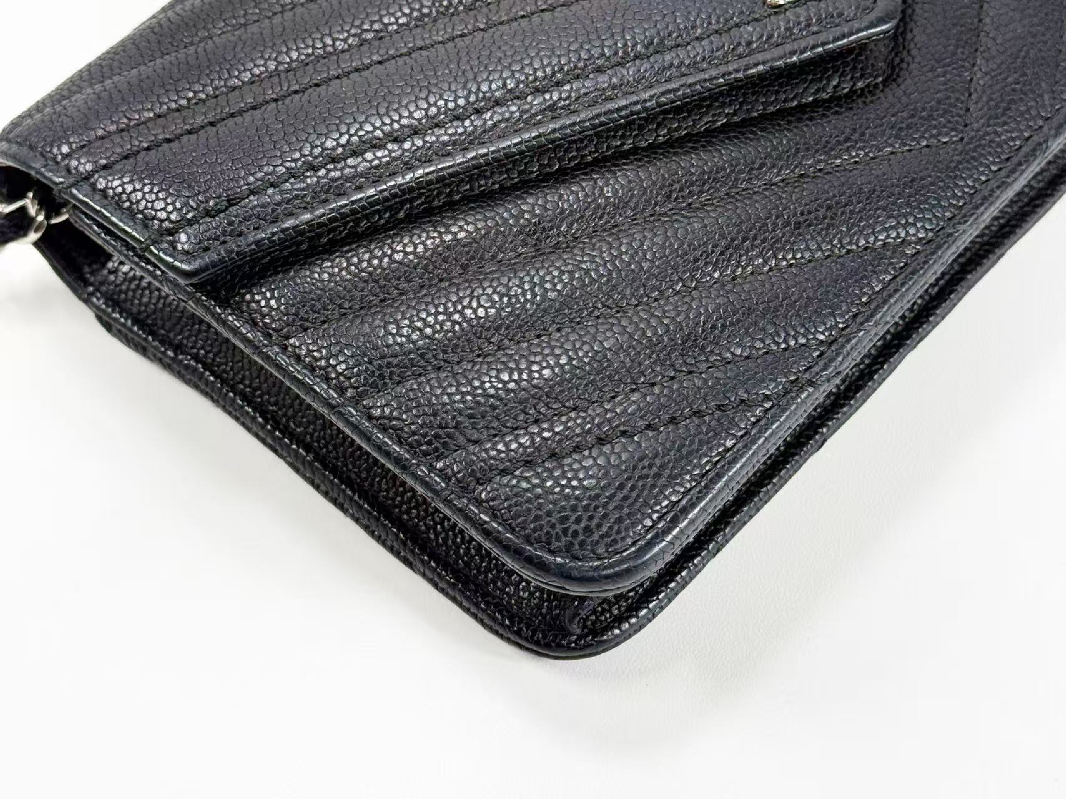 Black Caviar Skin V-Stitch Shoulder Bag, WOC, Approx. 19cm W, Serial Number , with Dust Bag and Seal, Silver Hardware, 24813421 — view 10