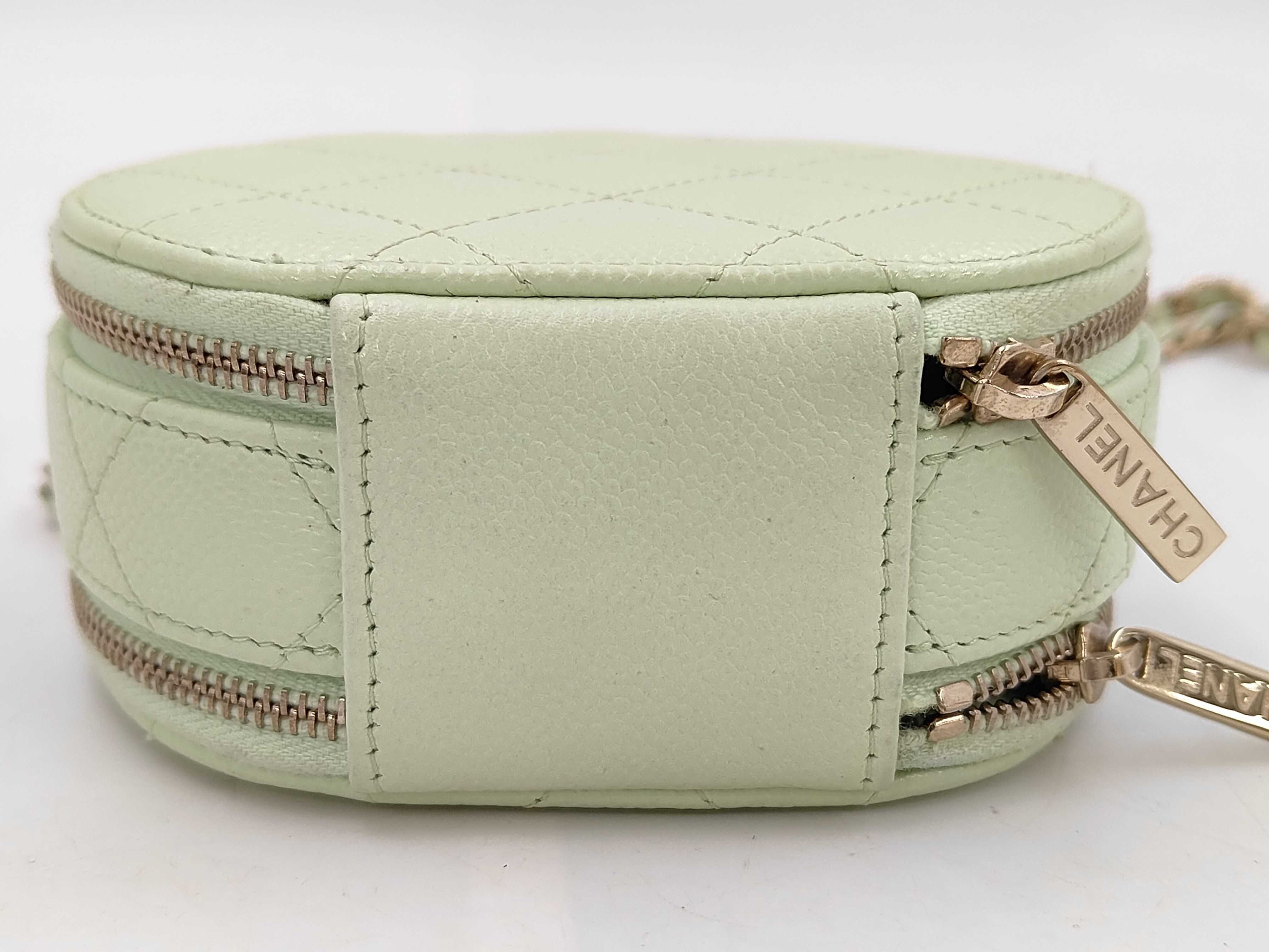 Matelassé Round Vanity Bag, Caviar Leather, Light Green, Gold Hardware, Shoulder Bag — view 7