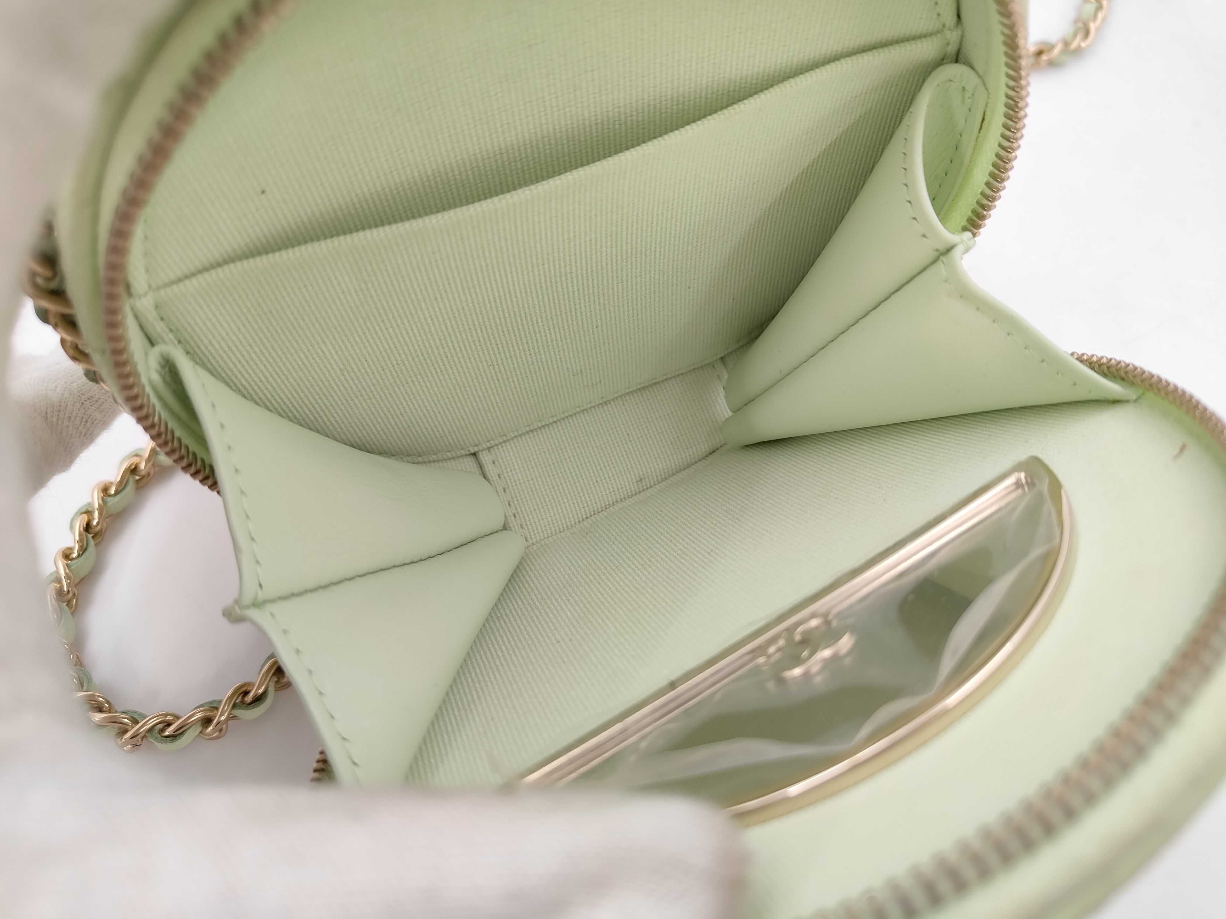 Matelassé Round Vanity Bag, Caviar Leather, Light Green, Gold Hardware, Shoulder Bag — view 9