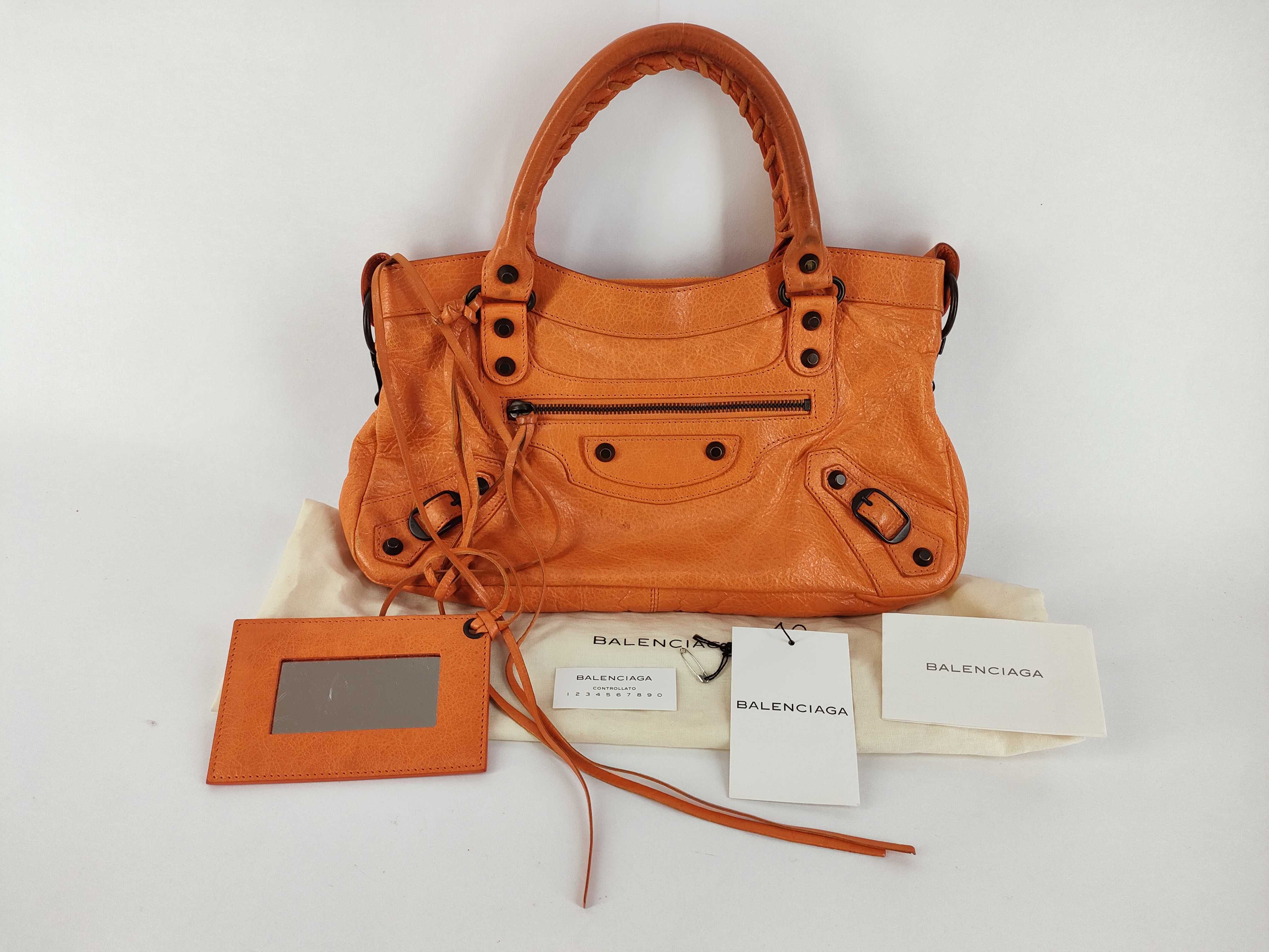 The First - Balenciaga The First Leather 2-Way Handbag, Orange, 103208, with Mirror