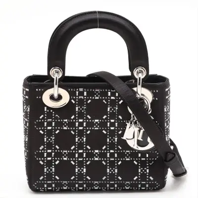 Cannage Lady Dior Mini Satin 2-Way Handbag, Black